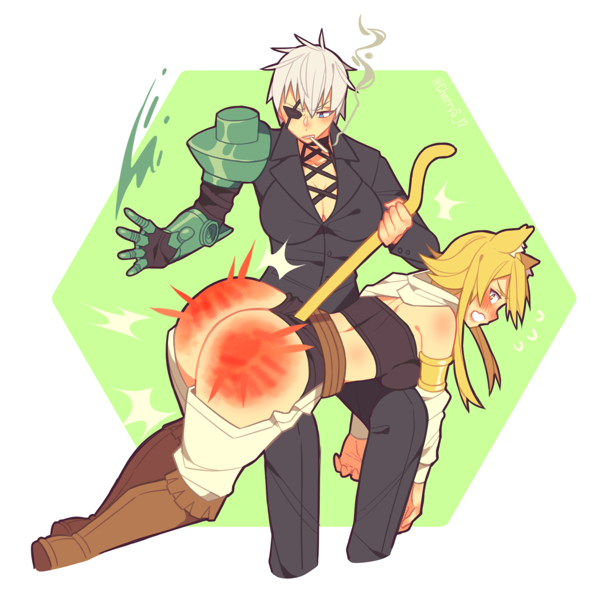 2girls, akame ga kill!, angry, animal ears, artist request, ass, belt, bending over, black panties, blonde hair, blush, breasts, business suit, cat ears, cherrys-12, cigarette, crying, dominated, domination, eyepatch, female, green background, huge ass, kneehighs, large breasts, leone (akame ga kill!), long hair, looking back, mechanical arm, multiple females, multiple girls, najenda (akame ga kill!), panties, punishment, punishment spanking, purple hair, scarf, short hair, silver hair, simple background, sitting, smoke, smoking, spanked, spanking, tail, tail grab, tomboy, white background, yellow eyes, yellow hair