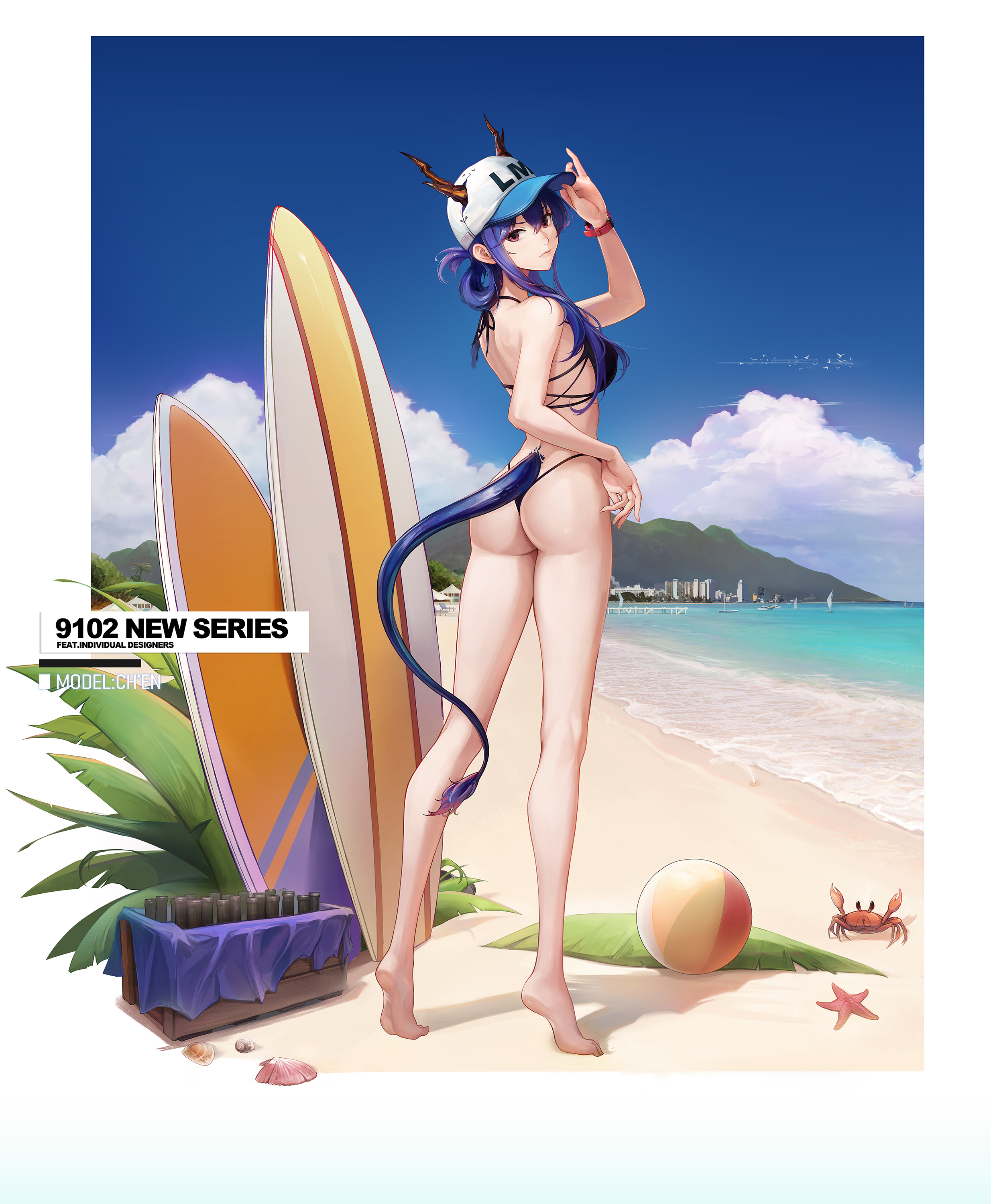 alternate costume, arknights, ass, bare arms, bare legs, bare shoulders, barefoot, baseball cap, beach, beach ball, big breasts, bikini, black swimsuit, breasts, ch'en (arknights), cloud, crab, dragon horns, dragon tail, feet, female, female tourist c (arknights), full body, hand up, highres, horns, jeyu, long hair, looking back, ocean, pink eyes, purple hair, revealing clothes, sky, solo female, standing, surfboard, swimsuit, tail, text, thighs, tiptoes, watch