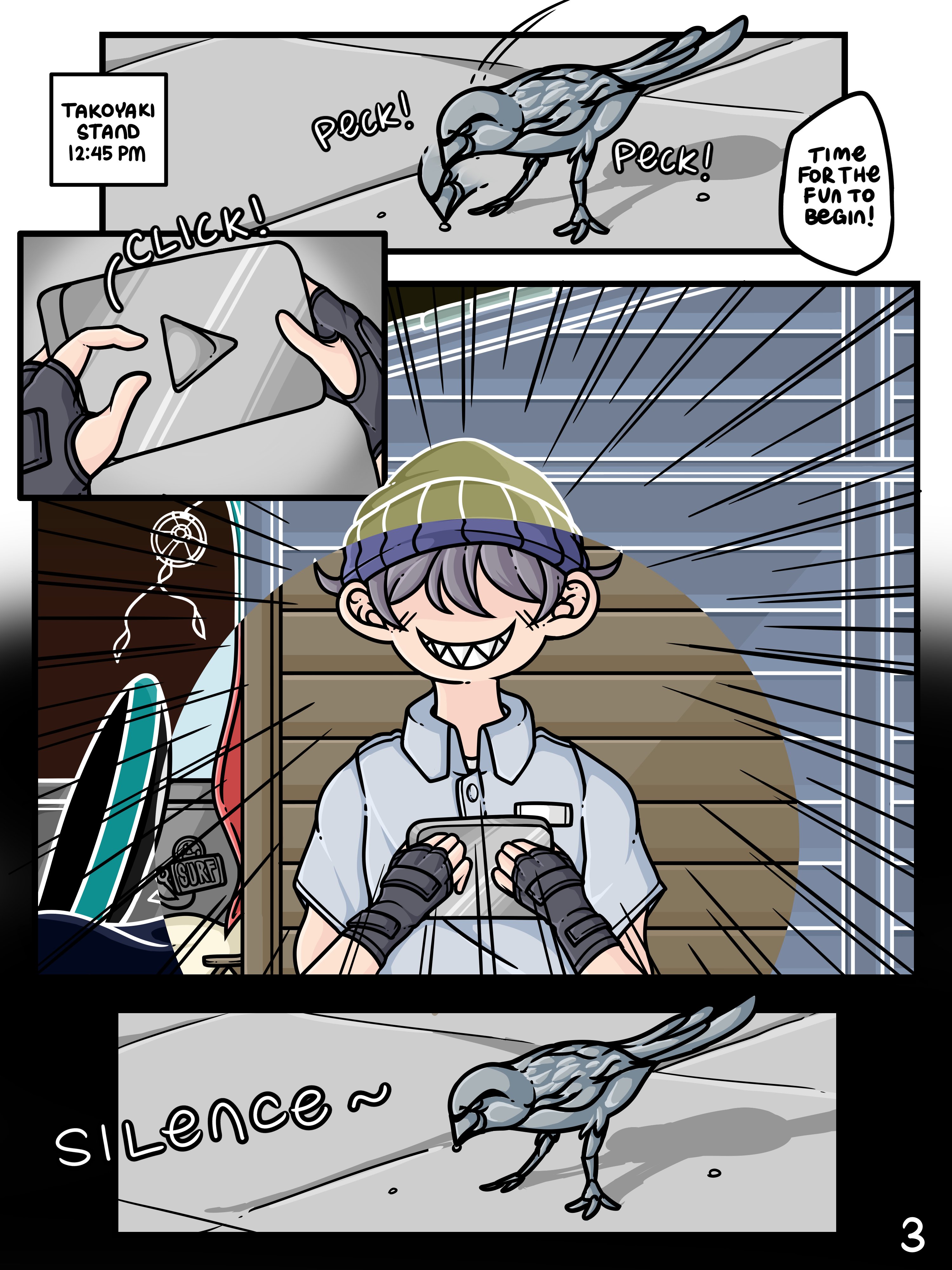1boy, 2020, absurd res, ahoykoi, bird, black border, blinding bangs, comic, comic page, english text, faceless male, grey hair, hi res, jojo reference, koianimations, male, page 3, page number, play button, sharp teeth, smile, text, time stop, unknown character, unknown male, white border, youtube, youtube logo