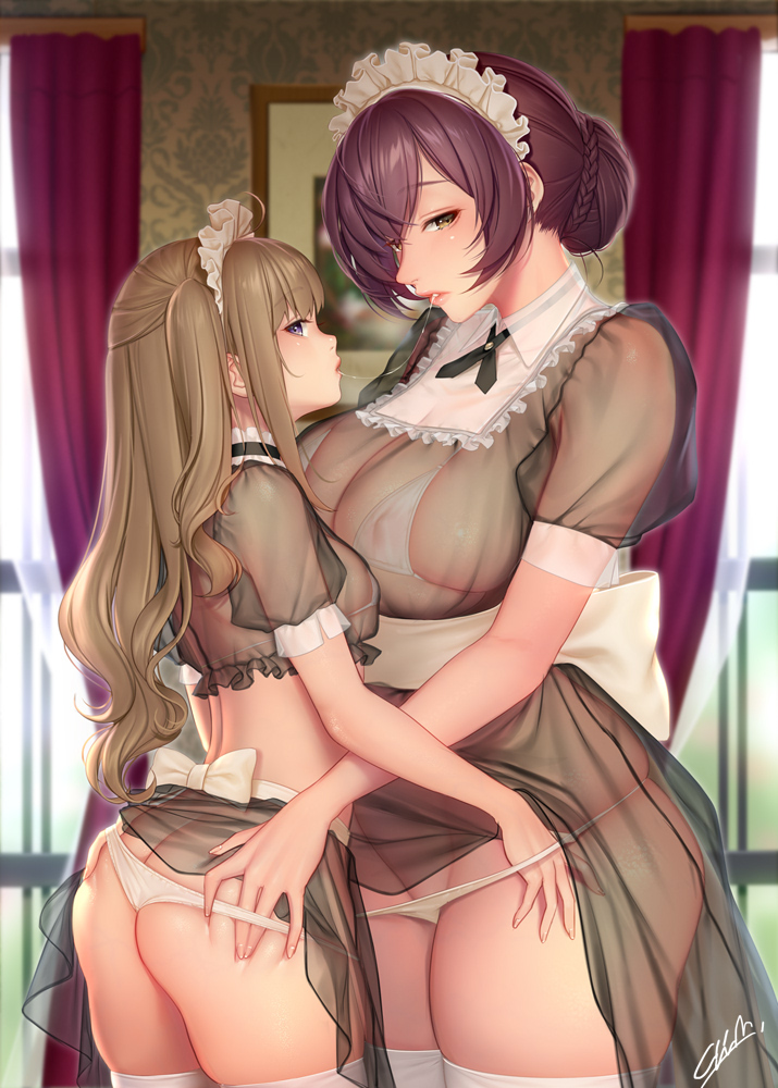 2girls after_kiss age_difference ass big_breasts bra breasts brown_hair collared_dress commentary_request cowboy_shot dress female female/female female_only hair_bun hands_on_ass height_difference hug huge_breasts indoors large_breasts larger_female lingerie long_hair maid maid_headdress masami_chie midriff multiple_girls nipples_visible_through_clothing original panties purple_eyes purple_hair saliva saliva_trail see-through sheer sheer_clothing size_difference skindentation small_breasts smaller_female stockings thighhighs tight_underwear underwear white_bra white_legwear white_panties wide_hips yellow_eyes yuri