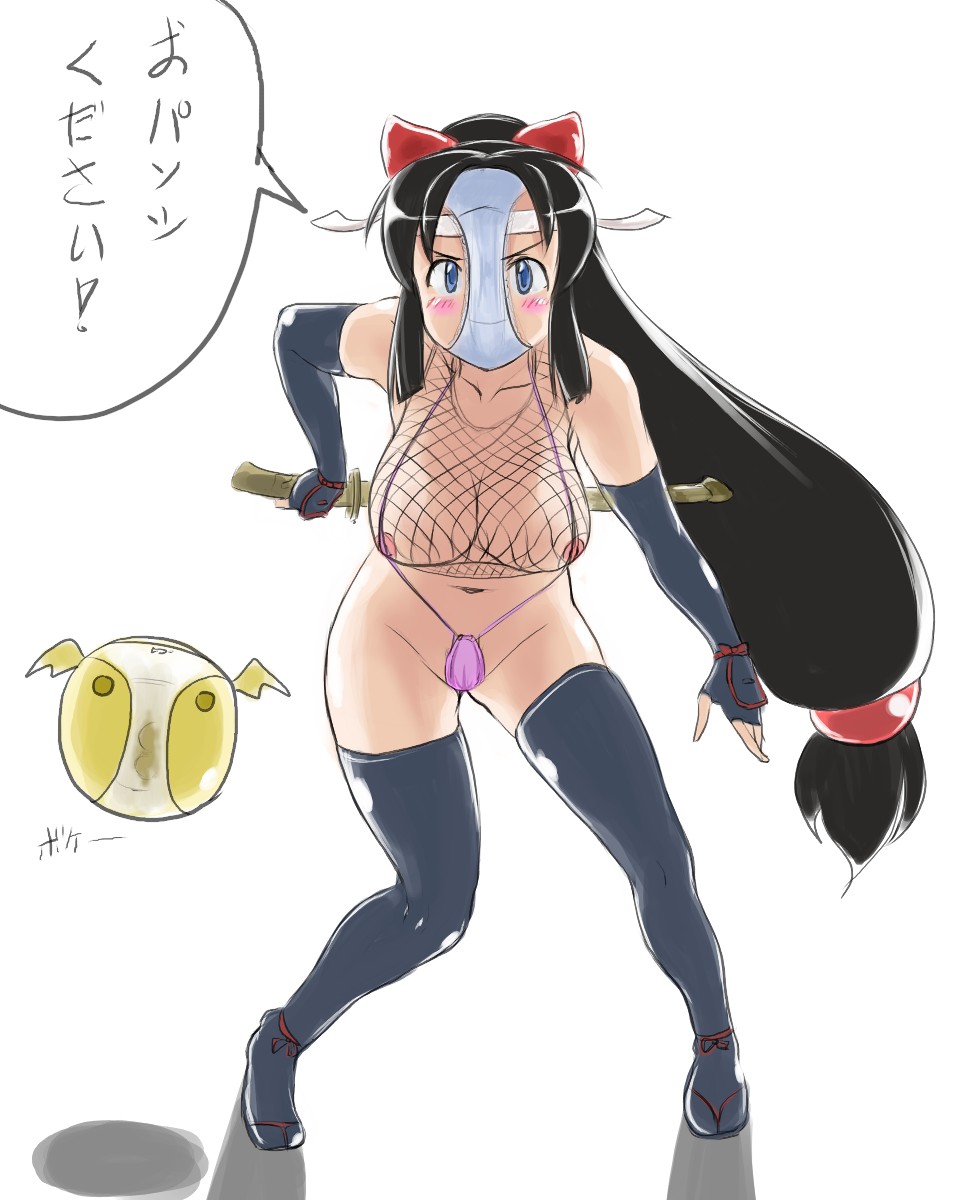 areola bangs black_hair black_legwear black_thighhighs blue_eyes blunt_bangs blush bow breasts elbow_gloves fingerless_gloves fishnets gloves headband highres japanese_text large_breasts legs long_hair low-tied_long_hair navel ninin_ga_shinobuden ninja object_on_head onsokumaru panties panties_on_head ponytail saru_ass shinobu_(ninin_ga_shinobuden) sling_bikini stockings swimsuit text thighhighs tied_hair translated underwear very_long_hair