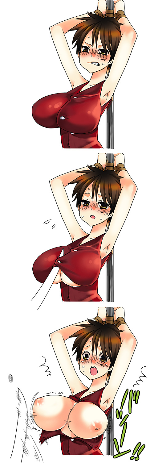 1:3 1girls adult_swim angry areolae armpits assisted_exposure blush bondage bouncing_breasts bound_hands bound_wrists breasts breasts_out brown_eyes cleavage curvy cutlass cutting_clothes embarrassed enf erect_nipples female female_focus female_only femsub genderswap_(mtf) highres horu_horu_no_mi hourglass_figure huge_breasts inverted_nipples kink_(tortoiseshell) long_image lost_clothes luffyko monkey_d_luffy nipples one_piece open_clothes open_mouth open_shirt pole rule_63 scar shirt shocked short_hair solo surprised sweat sword tall_image toonami torn_clothes weapon