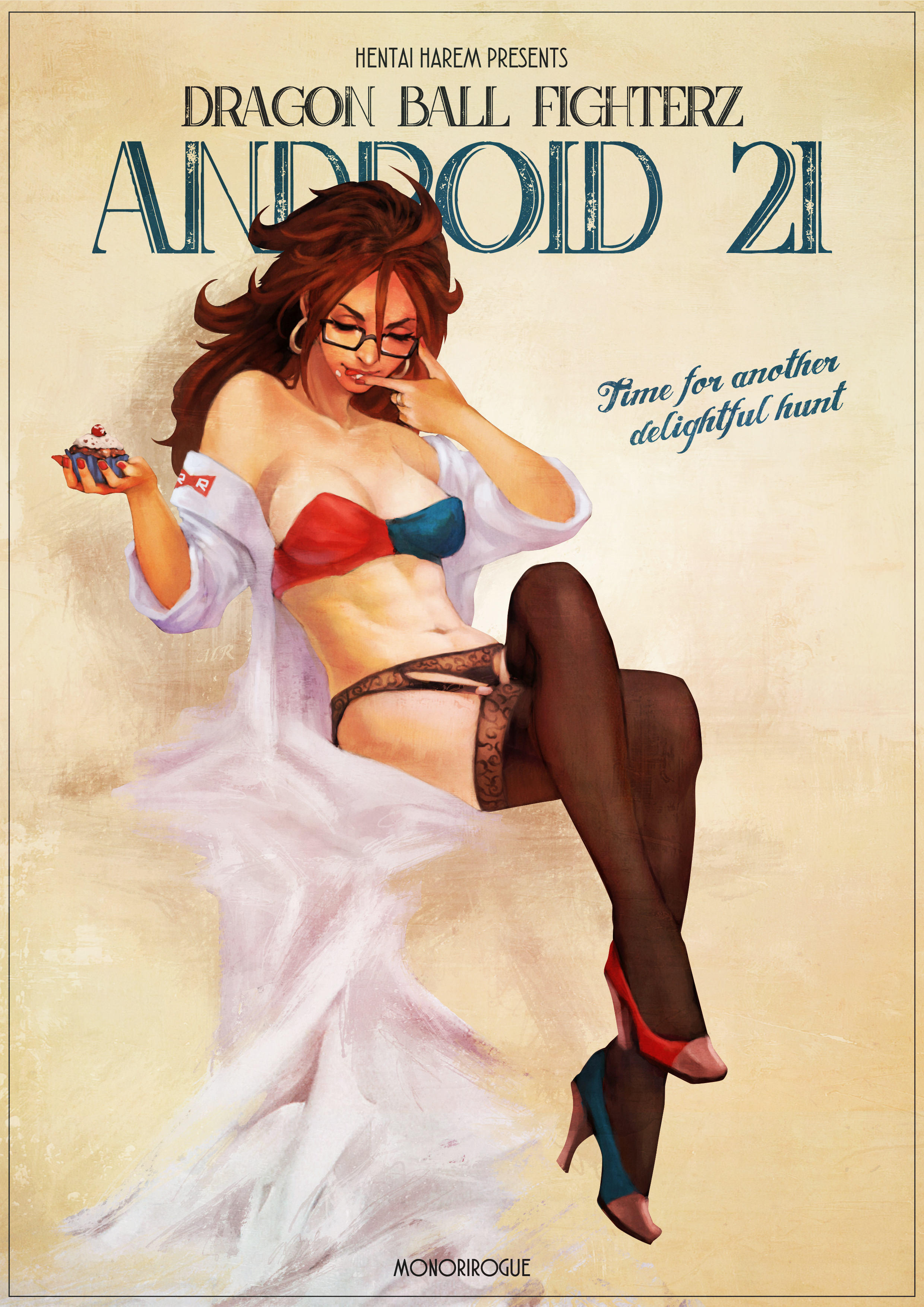 1girls, 2018, abs, android 21, android 21 (human), big breasts, bra, breasts, cleavage, cupcake, dragon ball, dragon ball fighterz, dragon ball z, ear piercing, earrings, female, female only, garter belt, garter straps, garters, glasses, high heels, labcoat, legs crossed, licking lips, monorirogue, navel, pinup, retro artstyle, solo, stockings, underwear