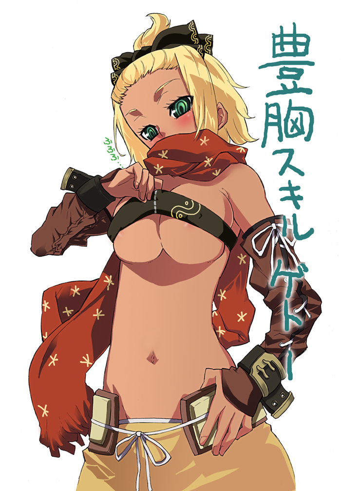 7th_dragon areola_slip blonde_hair breasts dark_skin midriff nagy nipple_slip nipples rogue_(7th_dragon) scarf underboob