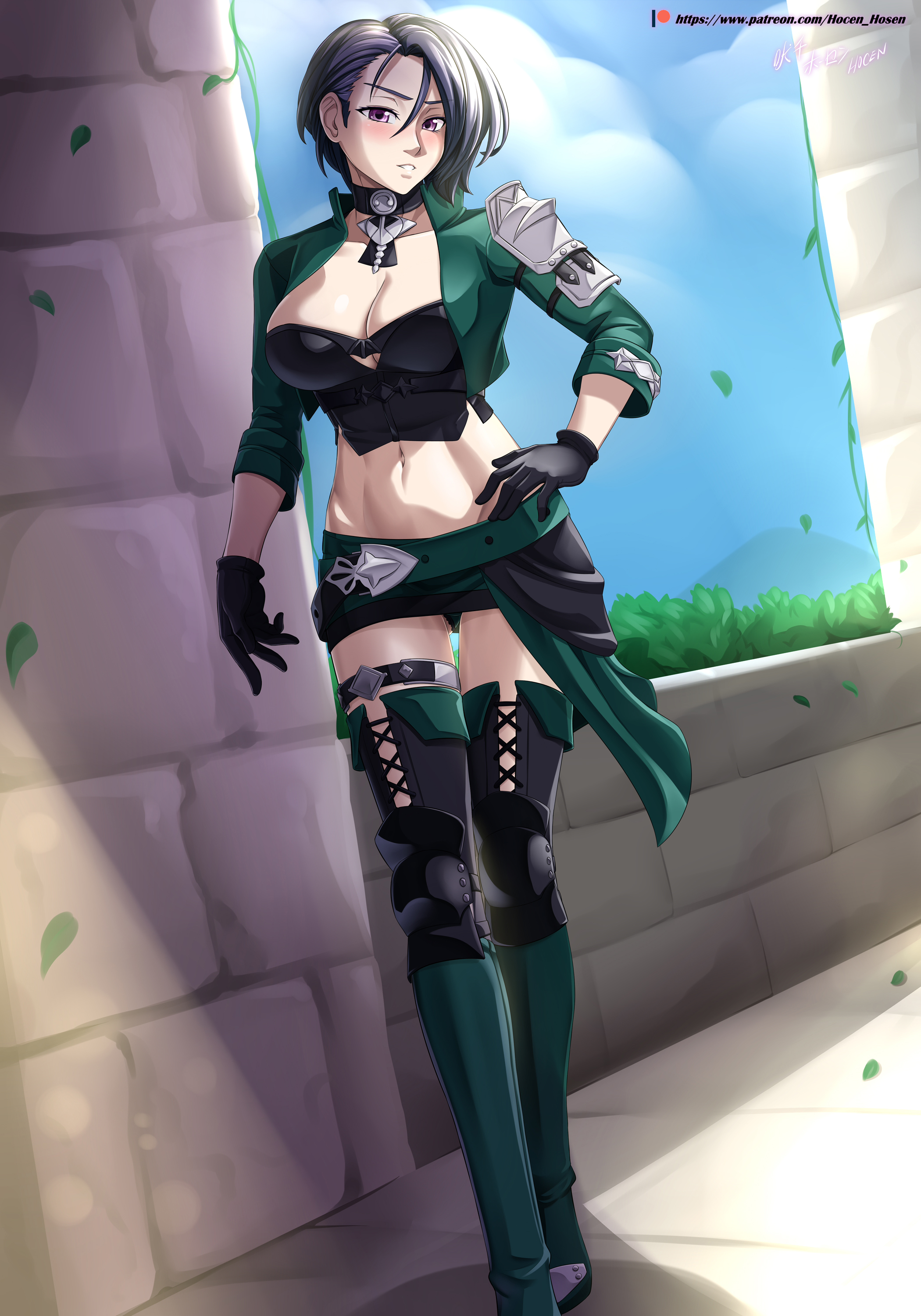 1girls, bare thighs, blue hair, blush, breasts, cleavage, female, fire emblem, fire emblem: three houses, gloves, green panties, hocen, large breasts, looking at viewer, medium hair, midriff, naughty face, nintendo, panties, pantyshot, purple eyes, seductive, seductive smile, shamir nevrand, short hair, skirt, smile, solo, thighs, upskirt