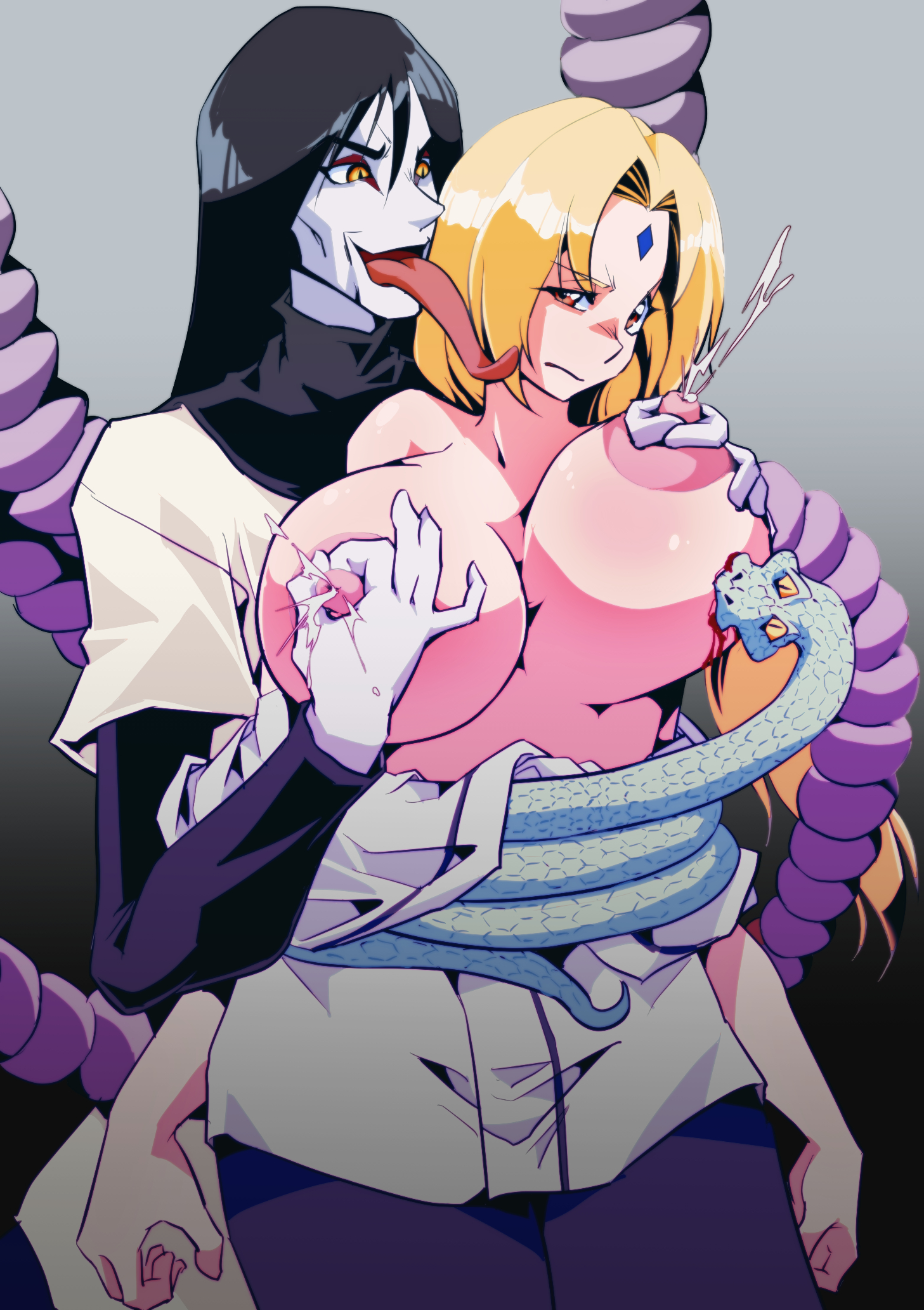 1animal, 1boy, 1girls, 2d, areolae, bare shoulders, big breasts, biting, biting breast, black hair, blonde hair, blood, breasts, breasts out, clothes down, enemies, female, forehead mark, grabbing from behind, groping, groping breasts, groping from behind, kimono pull, lactation, licking face, long tongue, male, mature female, naruto, naruto (series), naruto shippuden, nipple pinch, nipples, orochimaru, pale skin, restrained, short kimono, snake, snake bondage, snake tentacles, standing, sucking, tongue, tongue out, tsunade, uncomfortable
