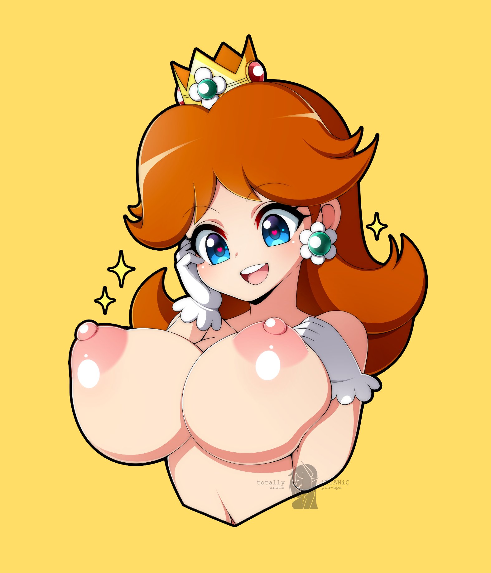 1girls, big breasts, blue eyes, blush, breast focus, breasts, brown hair, busty, crown, cute, ear piercing, earrings, erect nipples, eyebrows visible through hair, eyelashes, female, female only, flower earrings, ginger hair, gloves, heart, heart-shaped pupils, highres, huge breasts, human, human only, iryanic, light skin, light-skinned female, looking at breasts, looking down, mario (series), nintendo, nipples, open mouth, pale skin, pale-skinned female, perky breasts, pink nipples, princess daisy, redraw, shoulder length hair, simple background, smile, solo, solo female, staring at breasts, tongue, topless, upper body, upper teeth, white gloves, yellow background