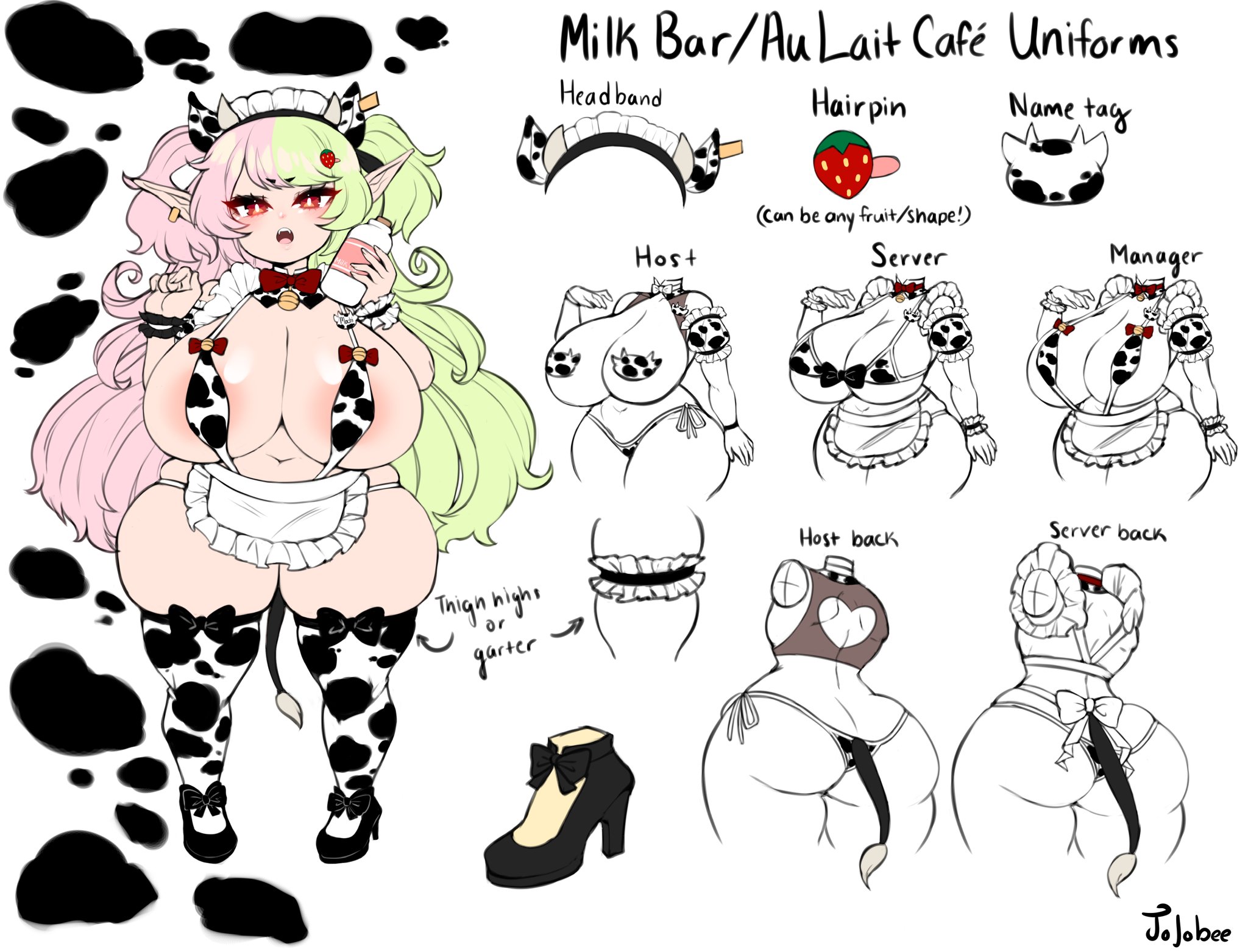 1girls, apron, ass, ass cleavage, ass crack, big breasts, breasts, busty, butt crack, cow horns, cow print, cow tail, english text, female, female only, high heels, jojoniumart, looking at viewer, mochi (jojoniumart), model sheet, shortstack, skimpy, solo, stockings, text, thick thighs, thighhighs, thighs, two-tone hair, white background, wide hips