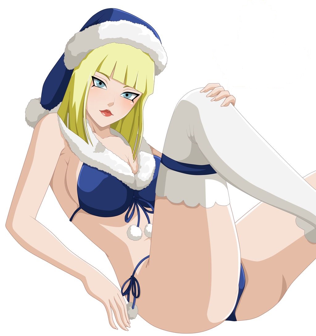 1girls ass big_breasts bikini blonde_hair blue_eyes blush bob_cut breasts cleavage female female_only lipstick looking_at_viewer makeup naruto naruto_(series) naruto_shippuden samui santa_bikini santa_costume santa_hat simple_background solo stockings uliyalsa white_background