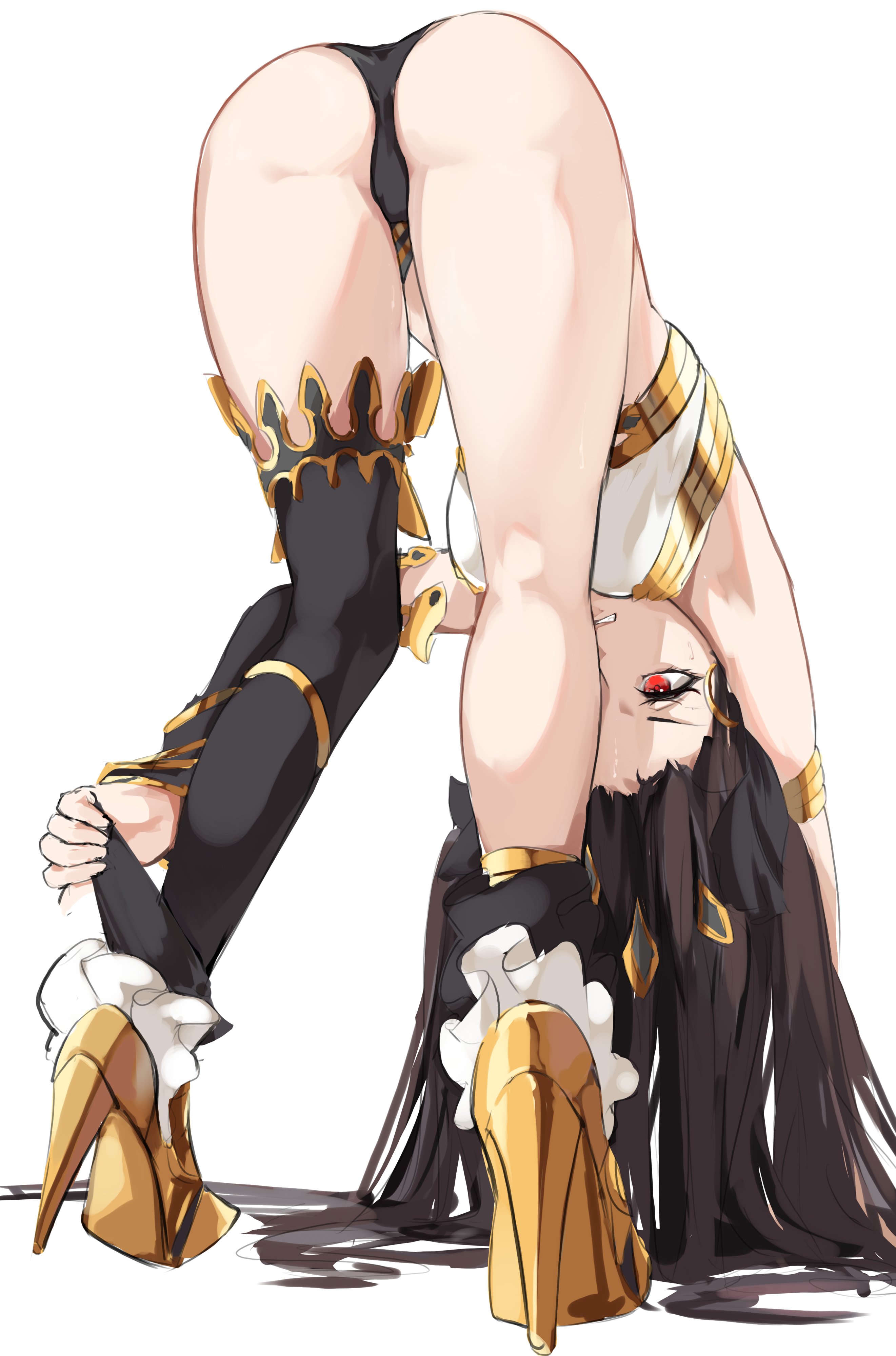 absurdres, ass, asymmetrical legwear, bent over, black hair, earrings, fate (series), fate/grand order, female, fully clothed, high heels, highres, ishtar (fate), jewelry, kilalesi, legs, long hair, red eyes, simple background, single thighhigh, solo, standing, thighhighs, top-down bottom-up, twintails, white background