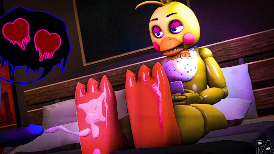 bedroom cum_on_foot cum_shot cumshot five_nights_at_freddy's fnaf foot_fetish grumpy looking_at_another moody on_bed on_phone sitting_on_bed toy_chica_(fnaf)