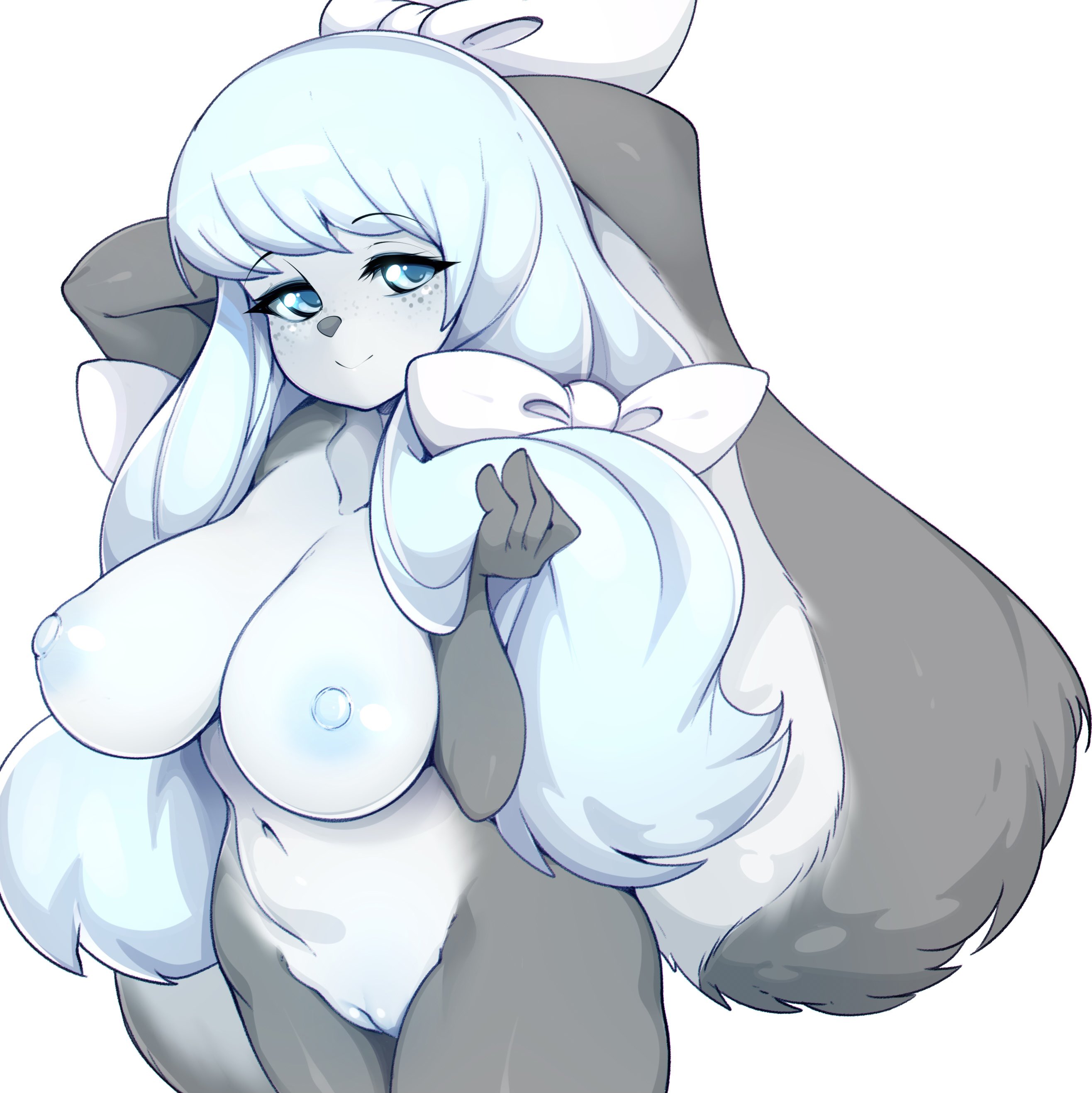 absurdres, animal ears, animal nose, bangs, blue eyes, blue hair, body fur, bow, breasts, closed mouth, completely nude, eyebrows visible through hair, female, freckles, furry, hairbow, highres, large breasts, long hair, navel, nipples, nude, original, pussy, simple background, slugbox, smile, snout, solo, white background, white bow