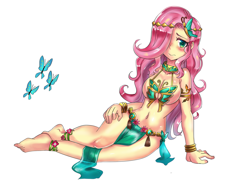 ankle_ribbon aqua_eyes belly belly_button belly_dancer belly_dancer_outfit blush bracelets butterfly butterfly_hair_ornament cleavage collar dancer dancer_outfit embarrassed equestria_girls female female_only fluttershy_(mlp) friendship_is_magic harem_girl harem_outfit humanized iojknmiojknm large_breasts loincloth long_hair my_little_pony navel pink_hair revealing_clothes skimpy_clothes slave slave_collar slave_leia_(cosplay)