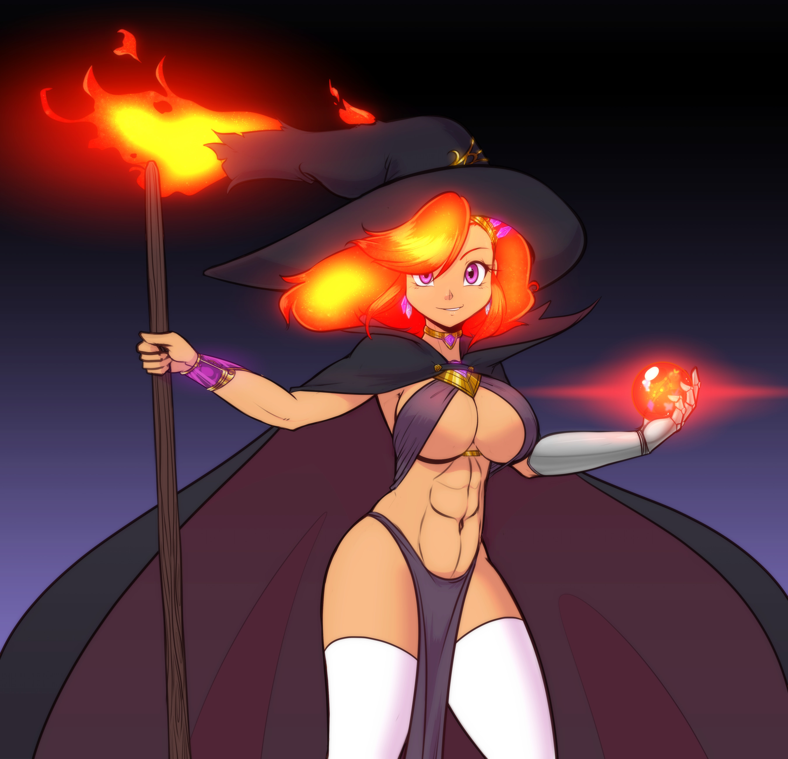 abs, bocas top, bracelet, breasts, cleavage, daybreaker (mlp), female, female only, flaming hair, friendship is magic, gauntlets, halloween costume, hasbro, huge breasts, humanized, loincloth, my little pony, pink eyes, princess celestia (mlp), red hair, scorpdk, smile, smooth skin, staff, tanned, tanned skin, thighhighs, thighs, witch hat