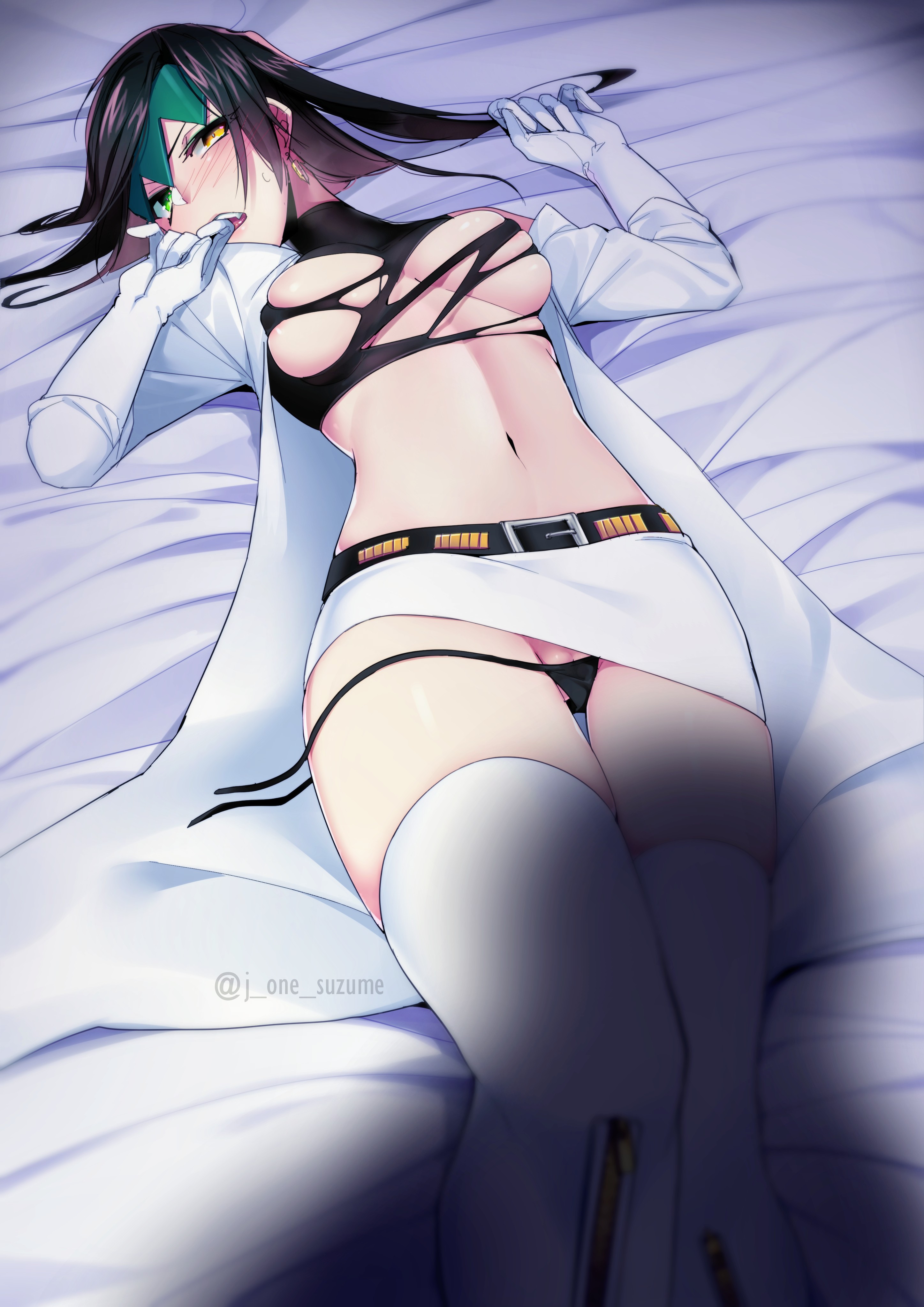 1girls, 2020, bed sheet, black panties, blush, breasts, diamond is unbreakable, female, green eye, hair, heterochromia, hi res, highres, ichisuzume, jojo's bizarre adventure, off screen character, on back, orange eye, panties, pussy, pussy peek, rohan kishibe, rule 63, sexually suggestive, shadow, shounen jump, side-tie panties