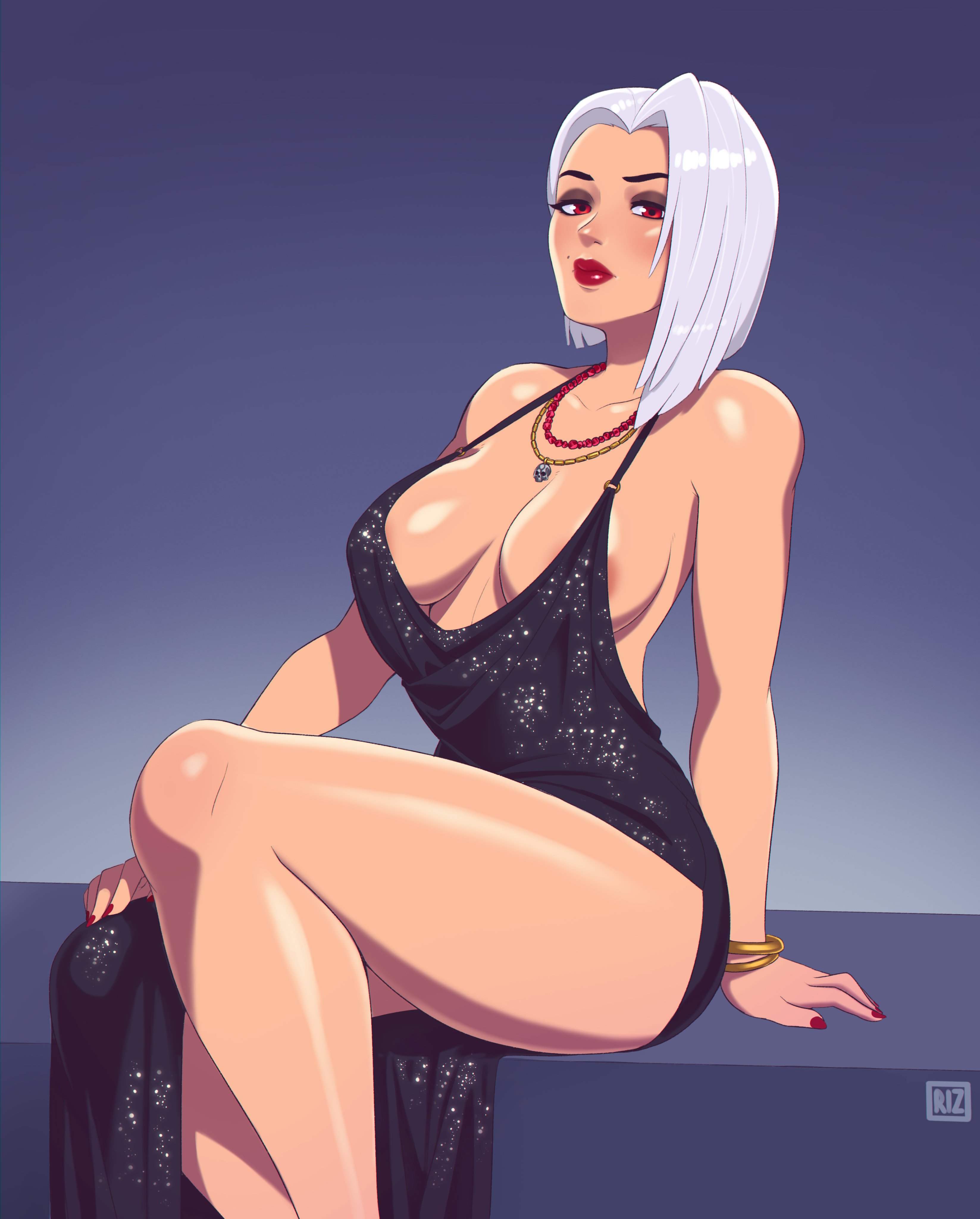 1girls, 2020, 2d, absurdres, areola slip, ashe (overwatch), beauty mark, blizzard entertainment, breasts, cleavage, dress, eyeshadow, female, female only, highres, large areolae, large breasts, lipstick, looking at viewer, medium hair, mole, mole above mouth, nail polish, necklace, nipple bulge, no bra, overwatch, red eyes, red lipstick, red nails, revealing clothes, rizdraws, silver hair, skull necklace, solo, thighs, white hair
