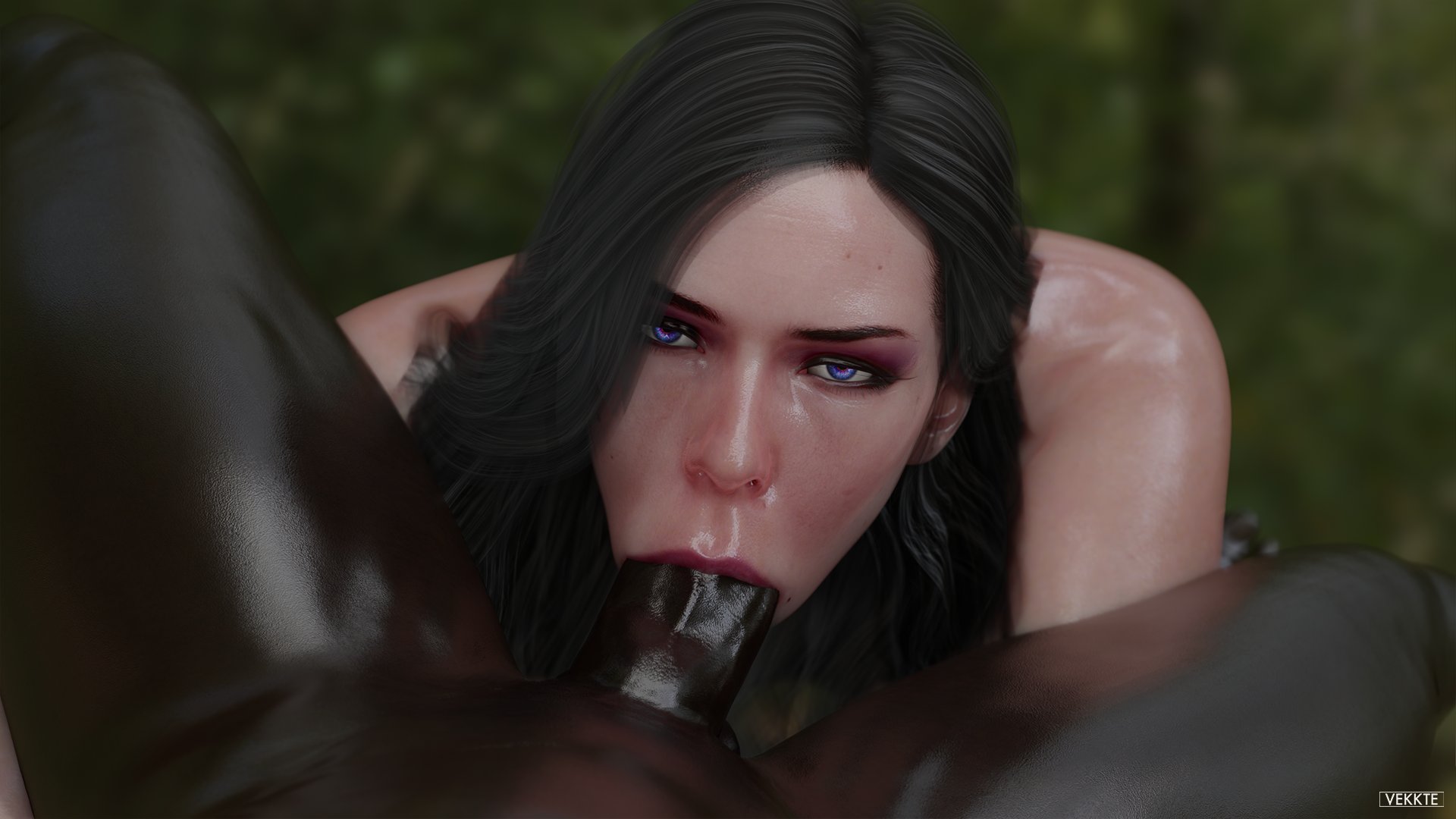 :>=, 1boy, 1girls, 3d, big penis, black hair, blender, blowjob, cd projekt red, choker, dark skin, dark-skinned male, deepthroat, erection, eye contact, eyelashes, eyeshadow, fellatio, female, goth, interracial, looking at viewer, male, naughty face, oral, oral insertion, pale skin, penis, pov, purple lipstick, slim, straight, sweat, the witcher (series), the witcher 3: wild hunt, vekkte, village folk, violet eyes, witch, yennefer