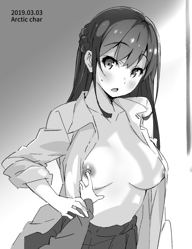 blush braid breast_grab breasts collared_shirt dated eyebrows_visible_through_hair female french_braid grabbing greyscale guided_breast_grab large_breasts long_hair long_sleeves looking_at_viewer monochrome nipple_push nipples open_clothes open_shirt original parted_lips pleated_skirt school_uniform shirt signature skirt solo_focus standing sweat symbol_commentary tabata_hisayuki wing_collar