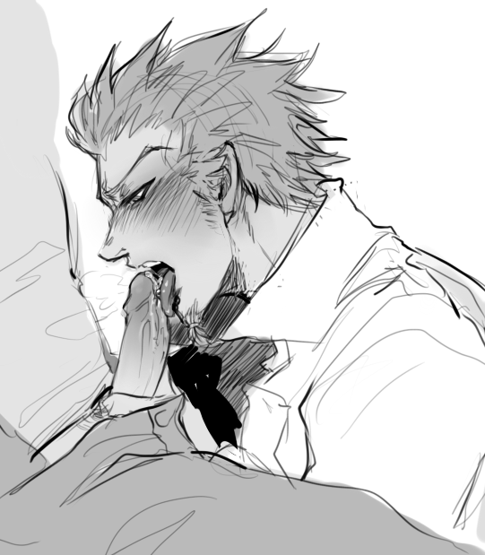 blowjob blush danganronpa gay goatee kelaruj kuwata_leon male_focus male_only oral smooth_skin tongue_piercing yaoi