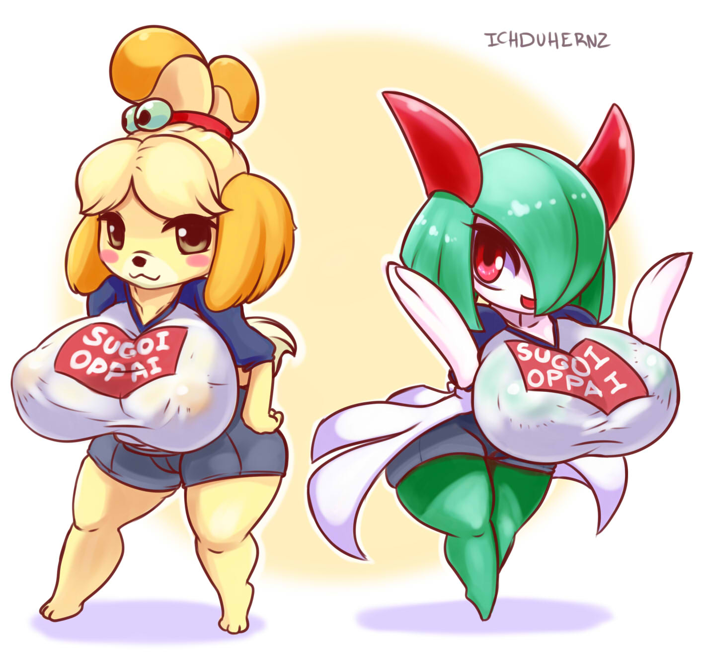 2girls, animal crossing, animal ears, anthro, big breasts, blush, breasts, cosplay, crossover, female, female only, fully clothed, furry, green skin, huge breasts, humanoid, ichduhernz, isabelle (animal crossing), kirlia, large breasts, looking at viewer, multiple females, multiple girls, nintendo, nipple bulge, nipples visible through clothing, orange eyes, pokemon, pokemon (species), pokemon rse, red eyes, see-through, shorts, shortstack, small but busty, smaller female, sugoi dekai, tail, thick thighs, uzaki hana (cosplay), uzaki-chan wa asobitai!, white skin, wide hips, yellow fur