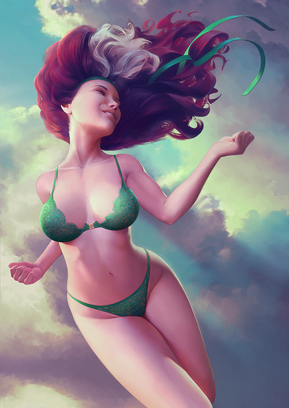 1girls anna_marie belly brown_hair cleavage closed_eyes cloud female female_only flying green_underwear head_ribbon large_breasts marvel marvel_comics misuart multicolored_hair muscular_female navel rogue_(x-men) sky smile solo thong underwear white_hair x-men