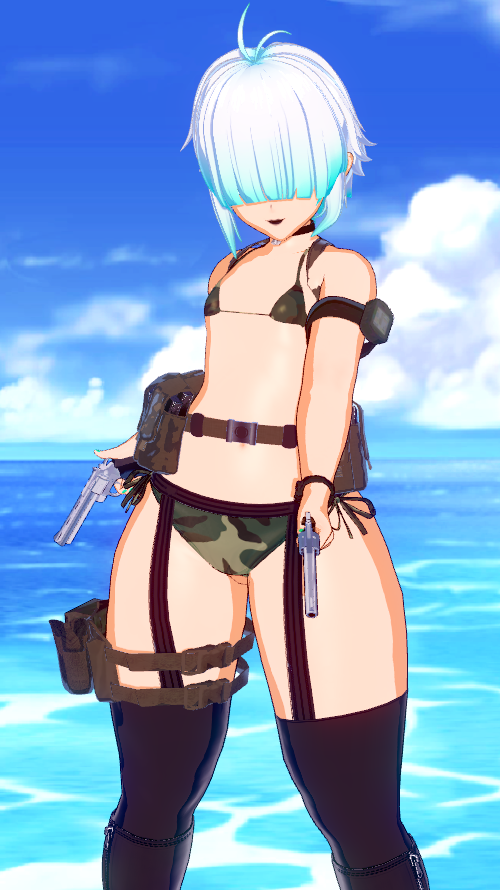 bikini black_lipstick blue_highlights camouflage_bikini femboy gun hair_over_eyes harness male_only rinzler_(x3n0n999) short_hair solo thick_thighs thighhighs trap white_hair x3n0n999