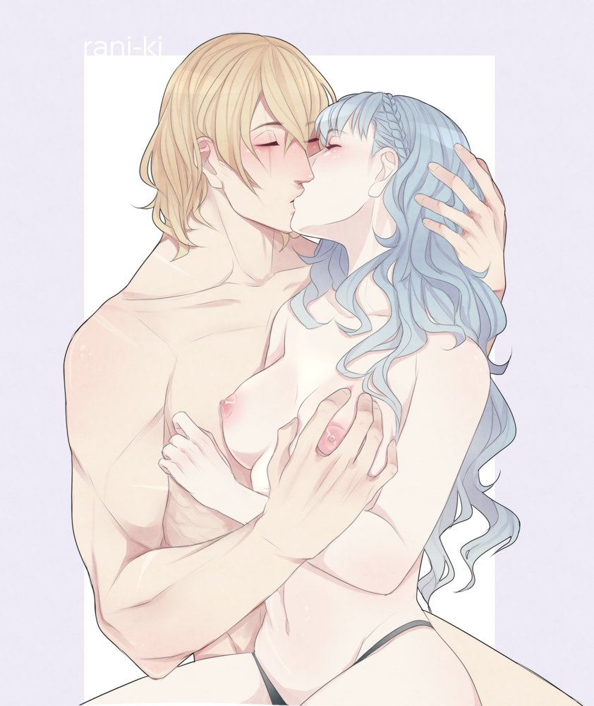 1boy, 1girls, areolae, bare shoulders, black panties, blue hair, breast grab, breasts, closed eyes, dimitri alexandre blaiddyd, dimitri alexandre blaiddyd (timeskip), erect nipples, female, fire emblem, fire emblem: three houses, grabbing, kissing, long hair, male, marianne von edmund, marianne von edmund (timeskip), medium breasts, nintendo, nipples, no bra, passionate kiss, rani ki, wholesome