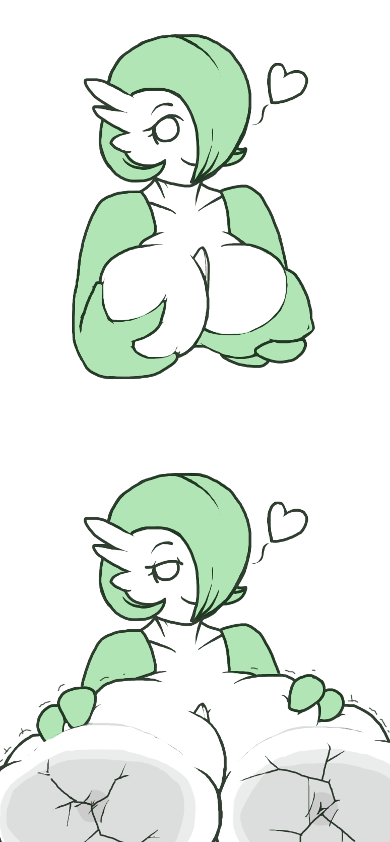 bedroom_eyes breast_expansion breasts female gardevoir green_hair groping_breasts heart large_breasts pokemon pokemon_(species) semi-stick white_eyes window