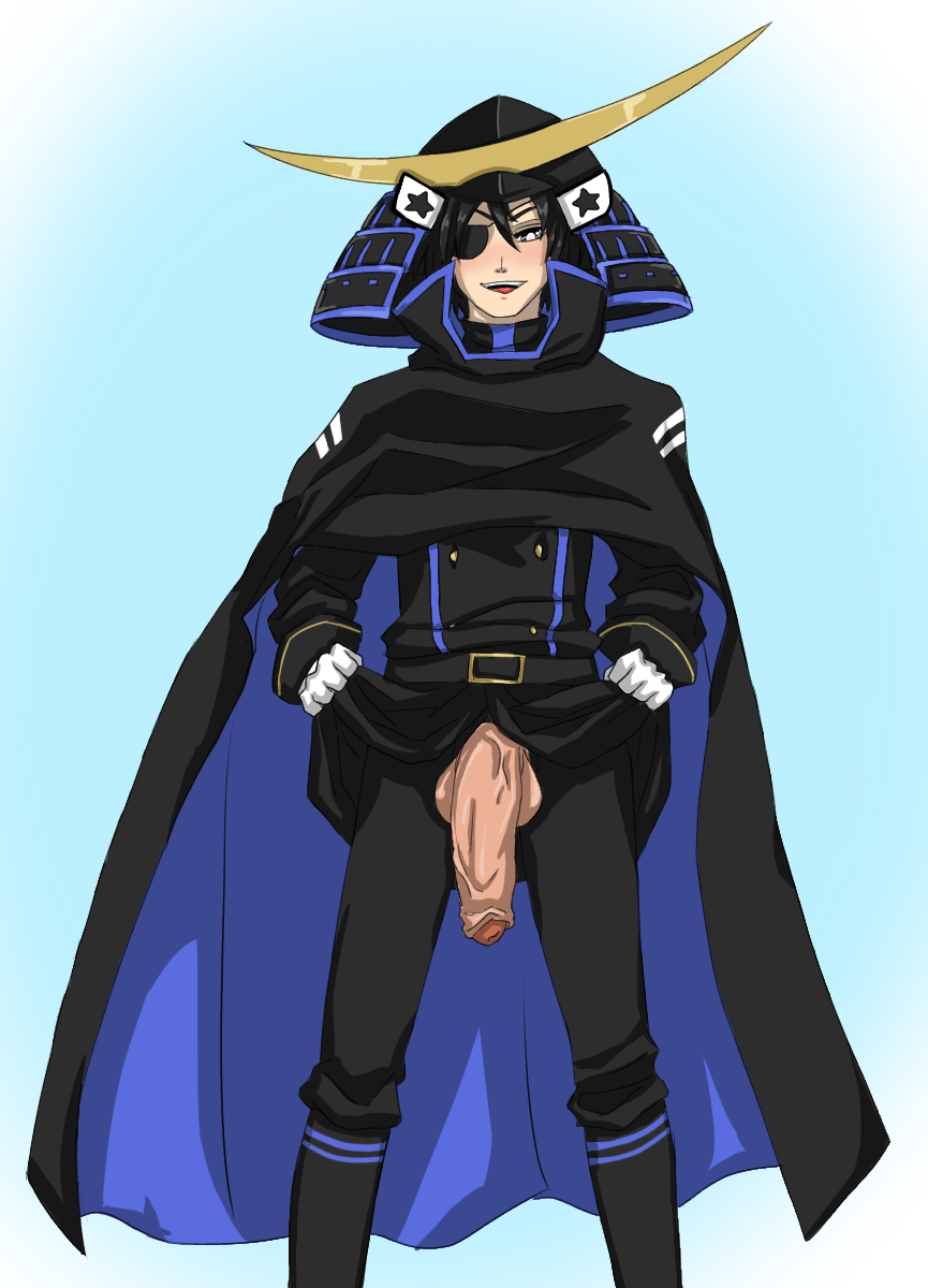 1boy 1orangejuicier black_eyes black_hair blue blue_background blue_cape blush boots cape cloak crecent date_masamune eye_patch flaccid gloves helmet huge_balls huge_cock lifting_clothing looking_at_viewer male male_only masamune_(pop'n_music) masamune_date original pop'n_music samurai showing_off simple_background smile smirk smug stars