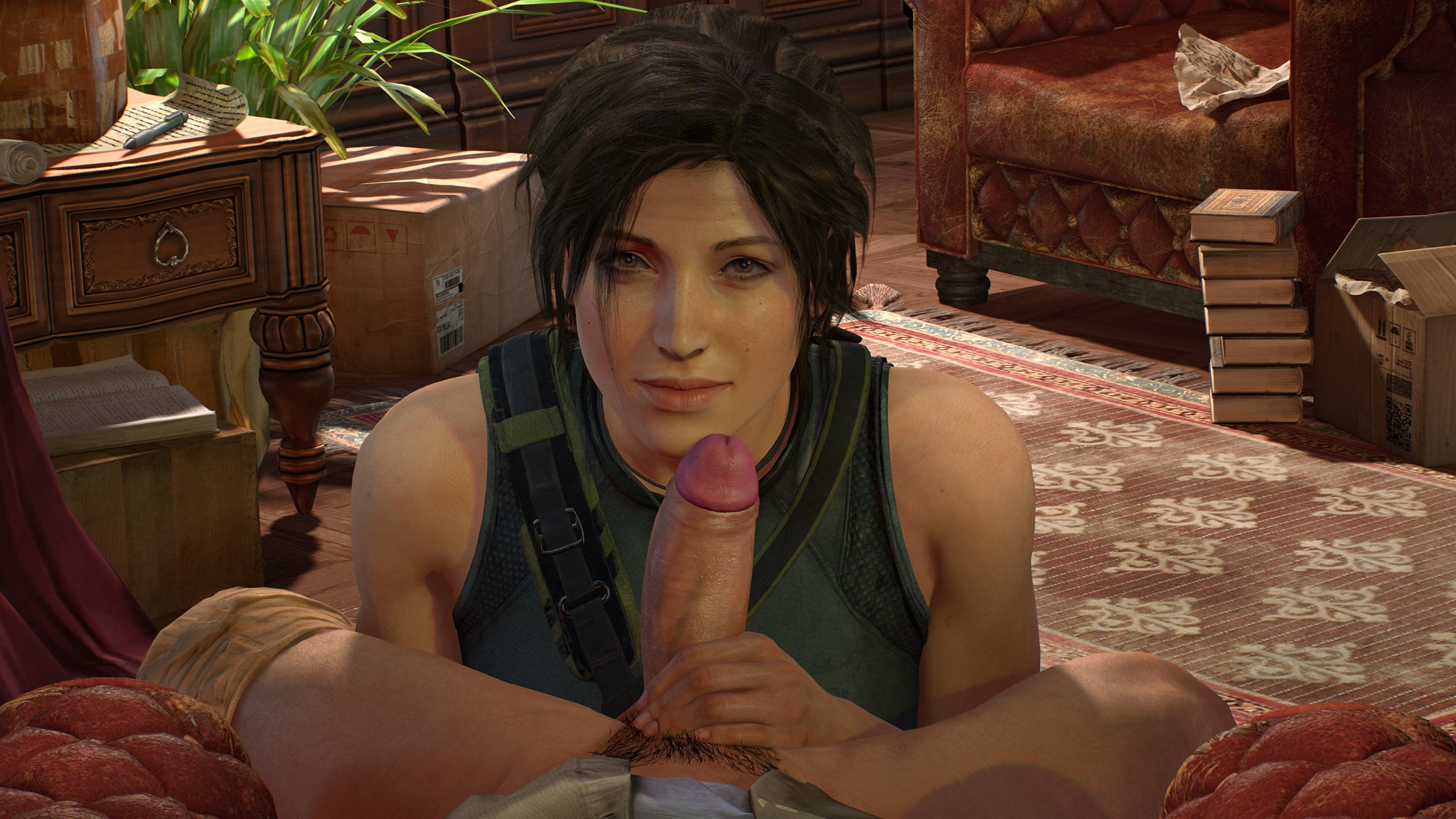 1boy, 1girls, 3d, boots, clothed sex, detailed background, erection, female, hand on penis, handjob, highres, imminent oral, indoors, kneeling, lara croft, lara croft (survivor), laying on bed, looking at viewer, male, penis, pubic hair, tired, tomb raider, tomb raider (survivor), zizzero