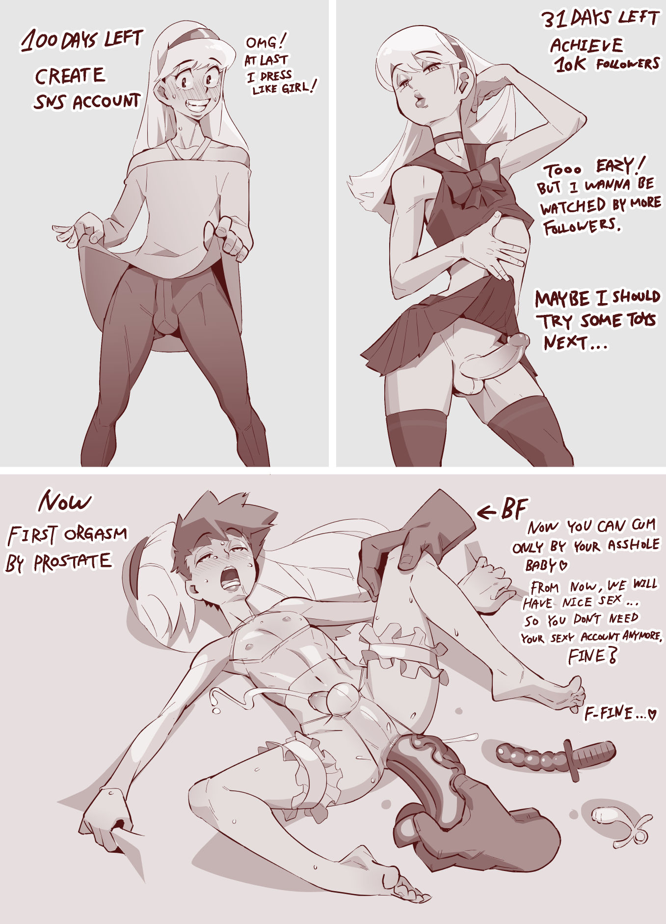 1boy, anus, balls, belly, bulge, couple, crossdressing, cum, cute male, femboy, feminization, gay, girly, grin, hairband, handsfree ejaculation, kirushi, long hair, male, manipulation, open mouth, panties, penis, saliva, short hair, skirt, small penis, smile, testicles, trap, underwear, wig, yaoi