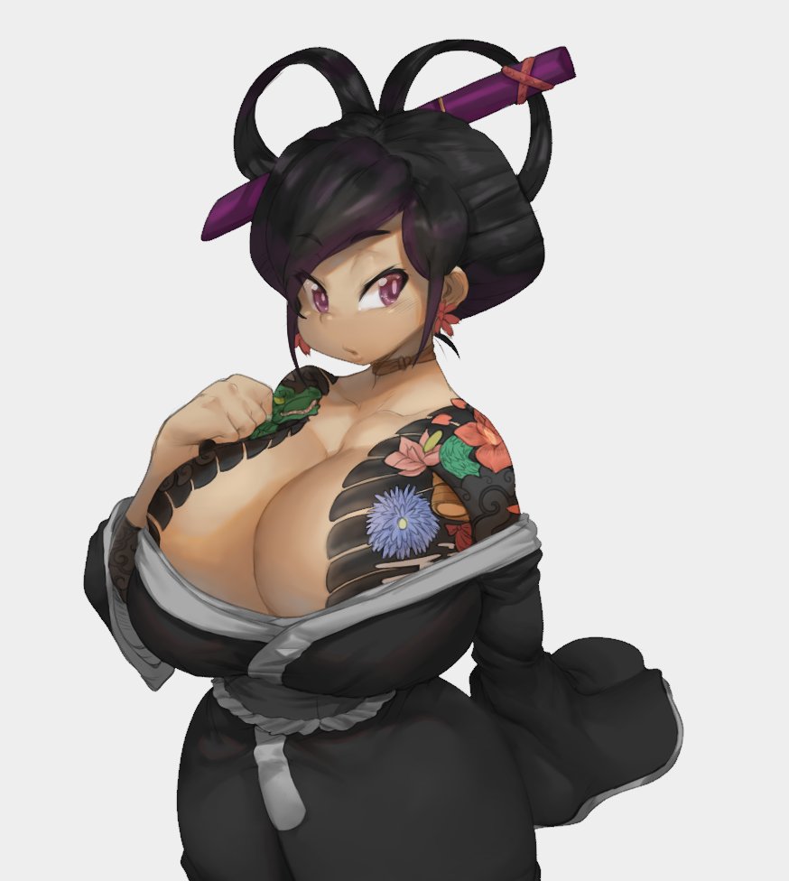 big breasts, breasts, cleavage, curvy, dark hair, dark skin, dark-skinned female, earrings, female, hair ornament, huge breasts, irezumi, kimono, monkeywithaafro, naughty face, purple eyes, seductive, tattoo, tattoos, wide hips