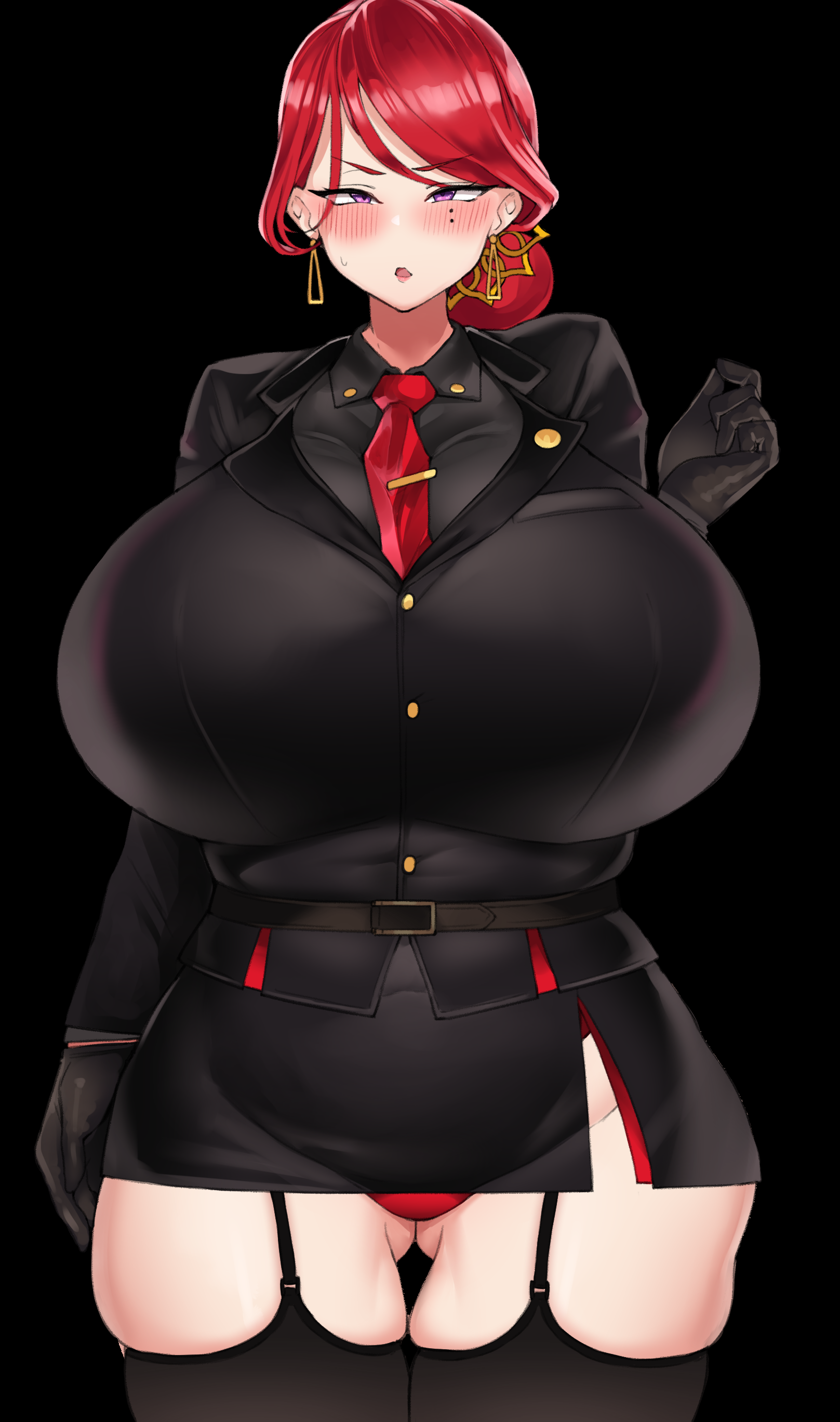 1girls, black gloves, blush, breasts, c-77 hongryeon, cham22, chamchami, curvy, earrings, eyebrows visible through hair, feet out of frame, female, female only, formal, gloves, high resolution, huge breasts, jewelry, large breasts, last origin, looking at viewer, mature, mature female, mole, mole under eye, necktie, plump, purple eyes, red hair, solo, solo female, standing, thick thighs, thighhighs, thighs, tied hair, very high resolution, voluptuous, wide hips