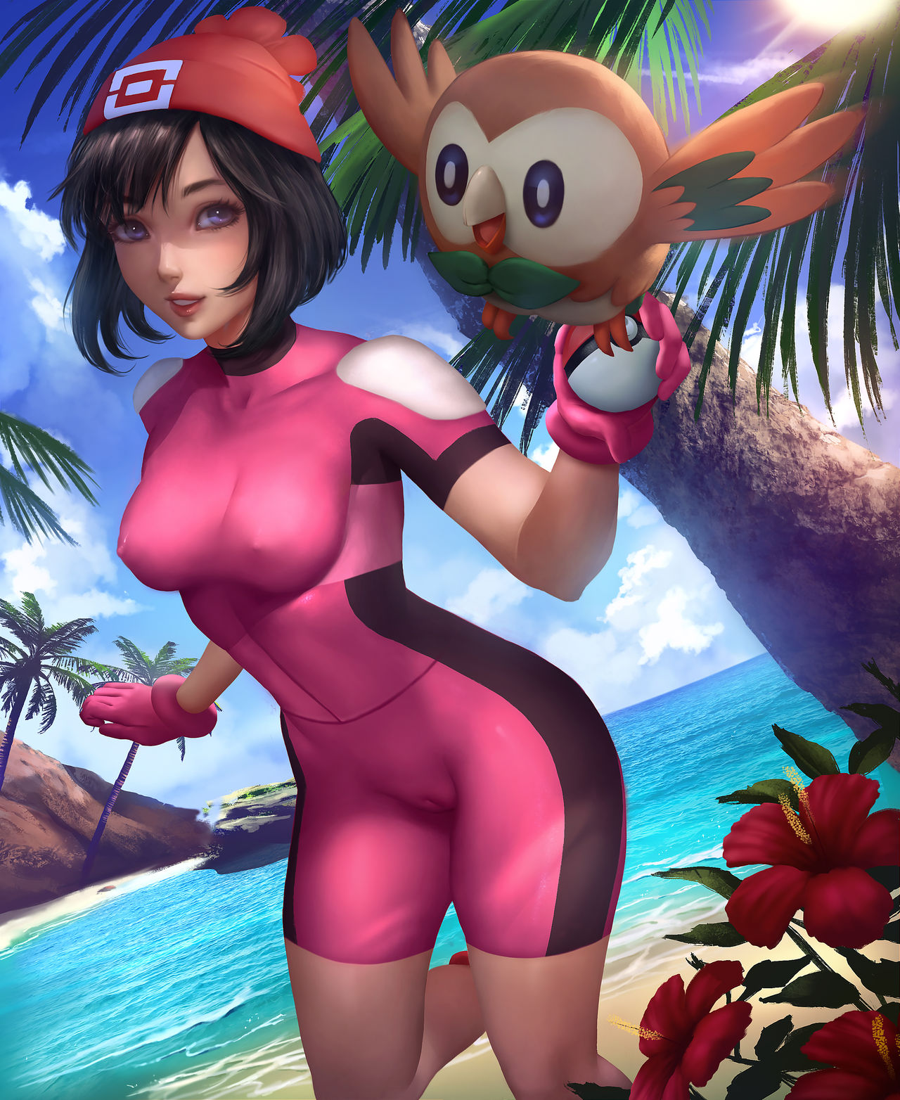 1girls, cameltoe, erect nipples, erect nipples under clothes, female, female protagonist, logan cure, nipples, pokemon, pokemon sm, pussy, rowlet, selene (pokemon), skin tight, ultra guardian outfit