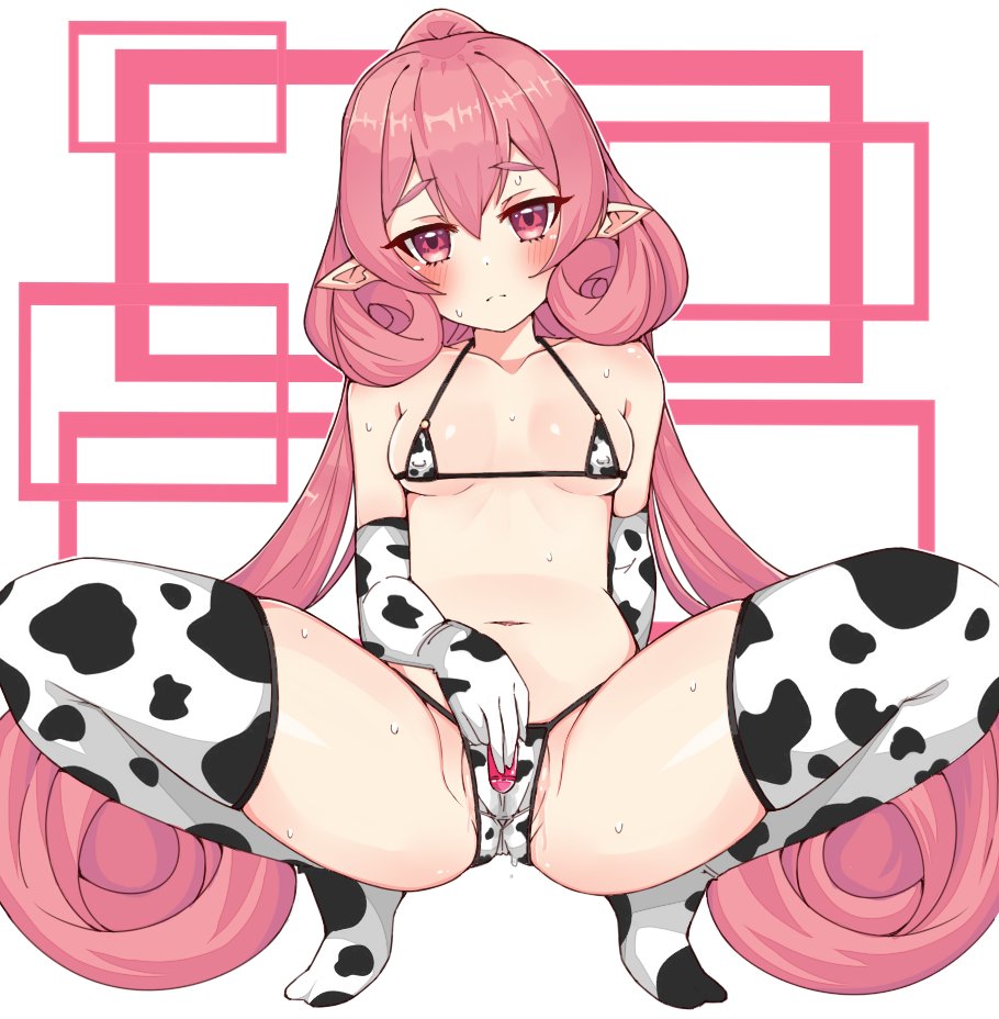 animal_print bangs bikini blush breasts closed_mouth cow_print cow_print_bikini curly_hair elf eyebrows_visible_through_hair female hair_between_eyes k-y long_hair looking_at_viewer micro_bikini neneka_(princess_connect!) pink_eyes pink_hair pointy_ears princess_connect! princess_connect!_re:dive small_breasts swimsuit