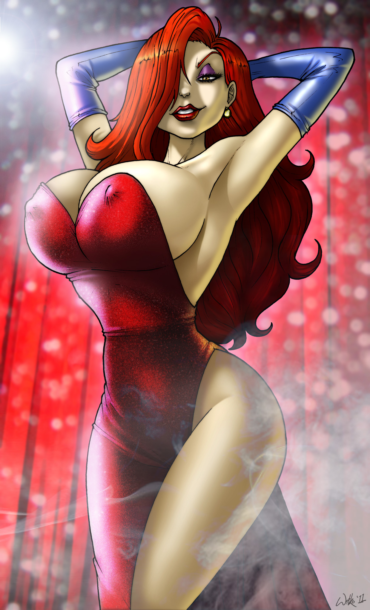 arms behind head, ass, big ass, big breasts, breasts, curvy, disney, dress, female, gloves, hair over one eye, jessica rabbit, lipstick, looking at viewer, makeup, nipples visible through clothing, red dress, red hair, seductive, seductive smile, sideboob, smoke, who framed roger rabbit, wilko