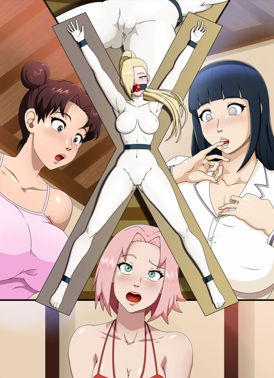 4girls, blonde hair, blue hair, bondage, bondage outfit, breasts, brown hair, curvaceous, curvy, female, female only, green eyes, hyuuga hinata, ino yamanaka, large breasts, multiple females, multiple girls, naruto, naruto (series), naruto shippuden, naruto: the last, pink hair, pussy, sakura haruno, stormfeder, tenten, vagina, voluptuous, white eyes