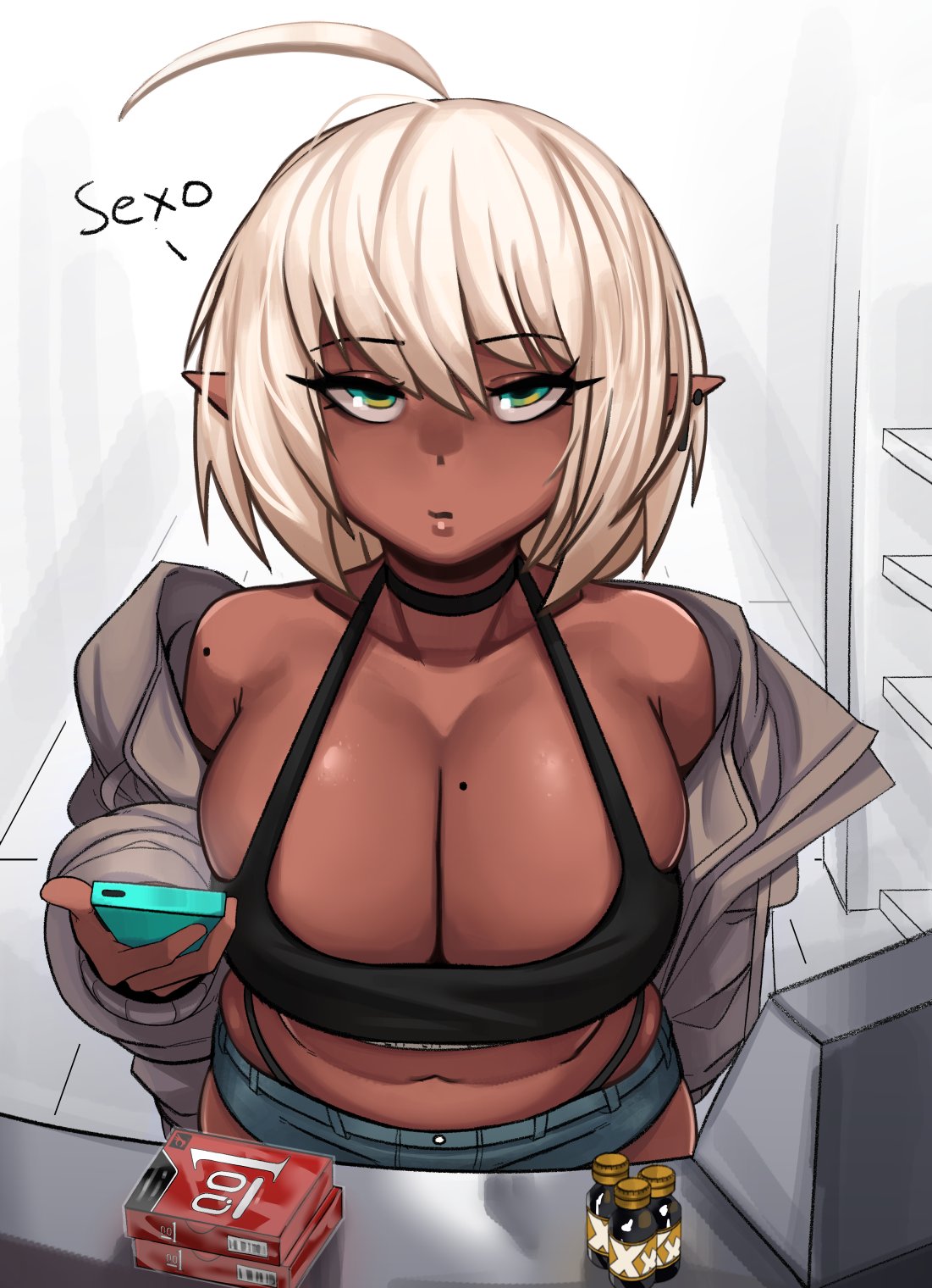 ahoge big_breasts black_tank_top bob_cut bob_hair breasts bright_pupils buying_condoms choker cleavage condom_box condom_packet dark-skinned_female dark_elf dark_skin denim_shorts earrings elf eyebrows_visible_through_hair female female_only green_eyes kevbot kuu_(zanamaoria) large_breasts looking_at_viewer mole mole_on_breast mole_on_shoulder off_shoulder original original_character pointy_ears pov pov_eye_contact smartphone solo store tank_top two_tone_eyes unamused white_hair yellow_eyes zanamaoria