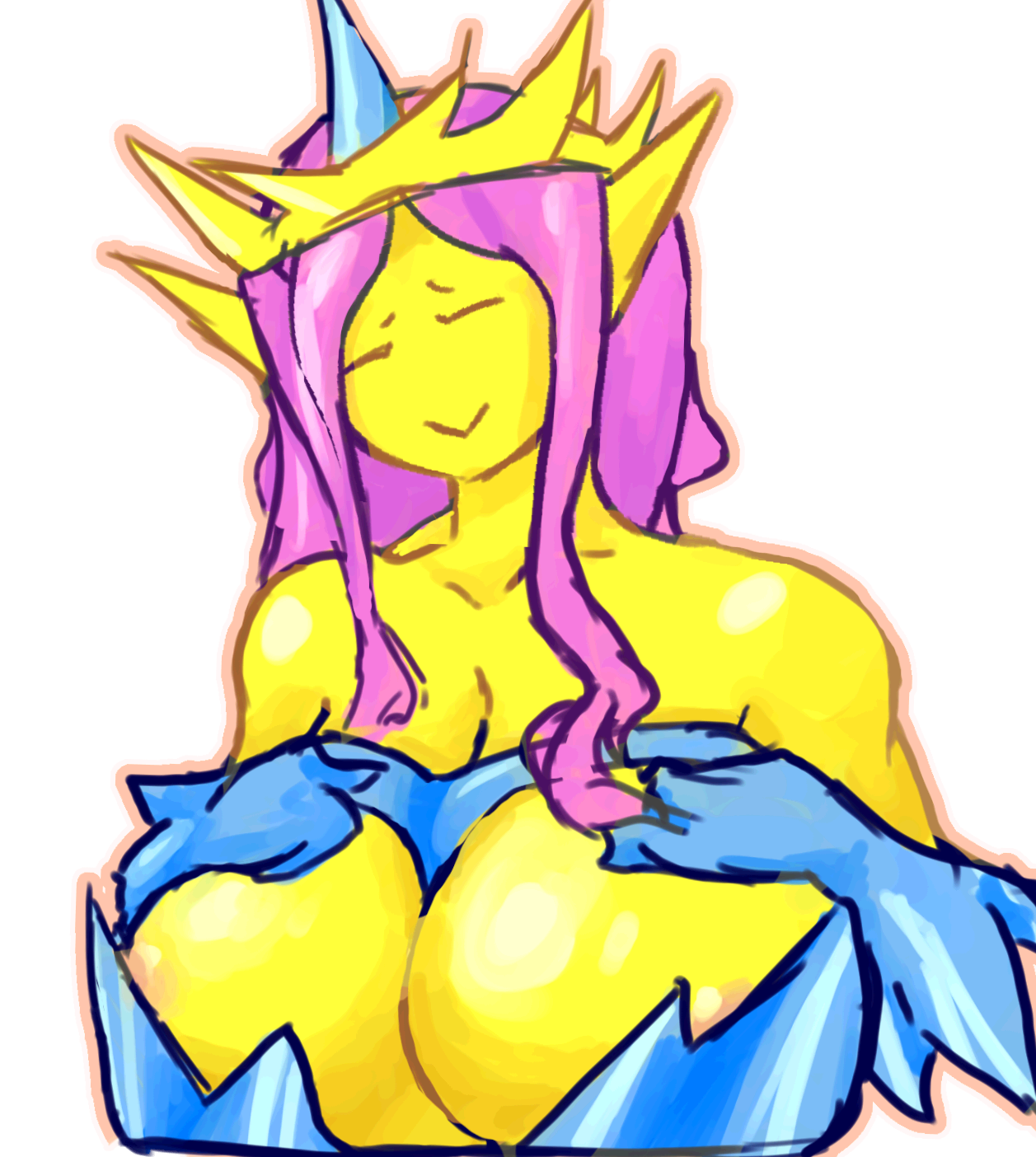 1girls, 2020, breasts, closed eyes, crown, empress of light, fairy, female, hand on breast, headgear, hi res, huge breasts, long ears, long hair, monster girl, nipple slip, pink hair, pointy ears, solo, source request, terraria, transparent background, unknown artist, yellow skin