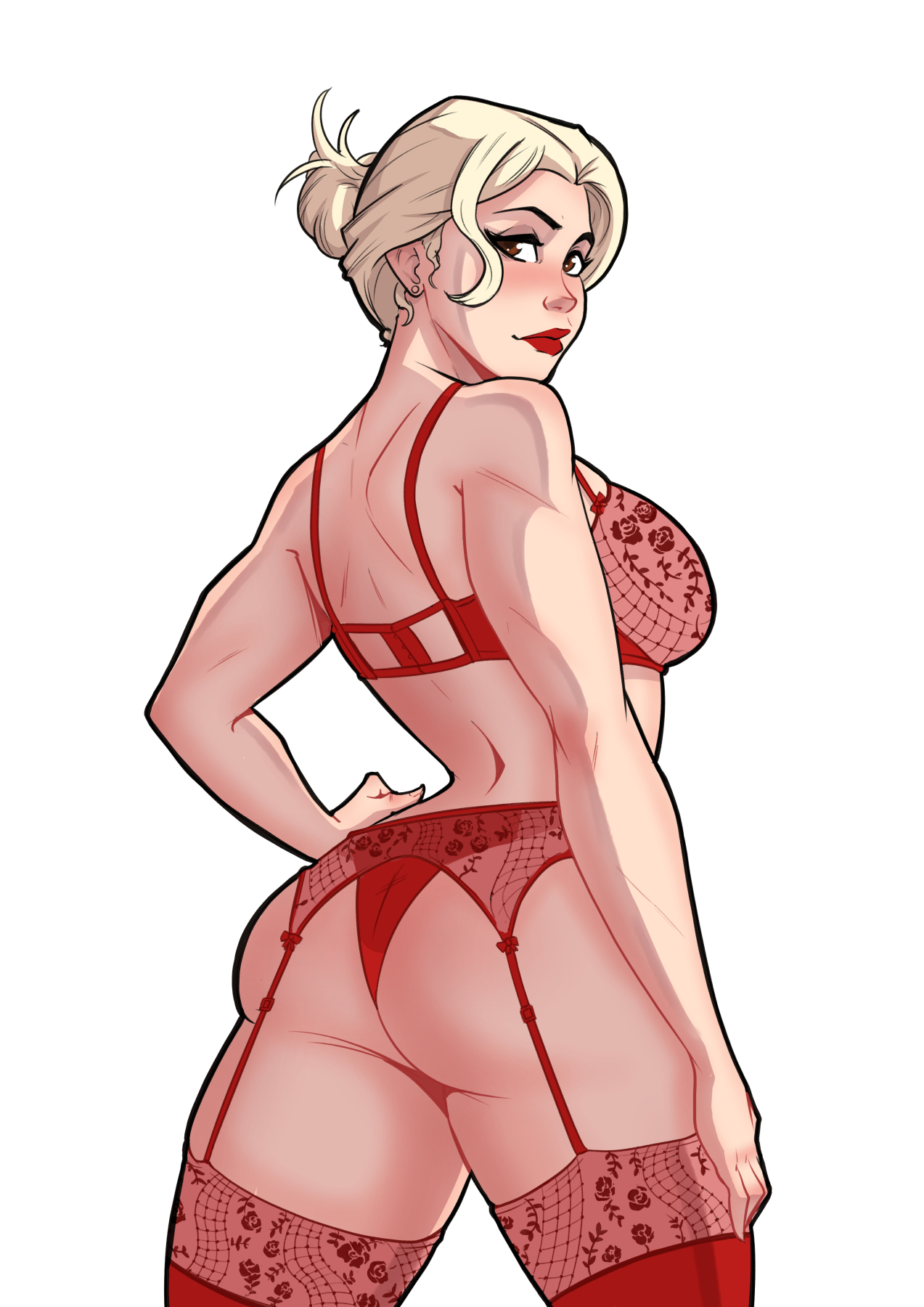 1girls, ass, breasts, eyeshadow, female, female only, garter belt, garter straps, hair bun, highres, large breasts, lingerie, lipstick, makeup, platinum blonde hair, red bra, red legwear, red lipstick, red panties, solo, stefania ferrario, taylor a, thick thighs, thighhighs, underwear, underwear only