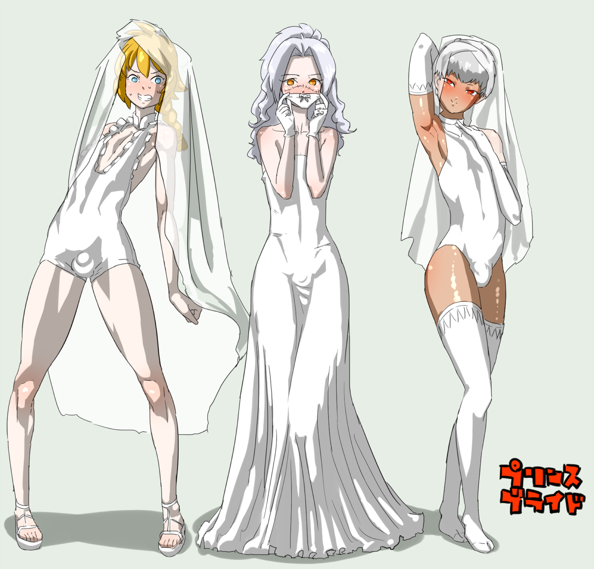 3boys, blonde hair, blue eyes, blush, braid, bridal lingerie, bridal veil, bride, bulge, crossdressing, femboy, gloves, kirushi, leotard, long hair, male, male bride, male only, multiple boys, multiple males, panties, red eyes, short hair, trap, underwear, veil, wedding dress