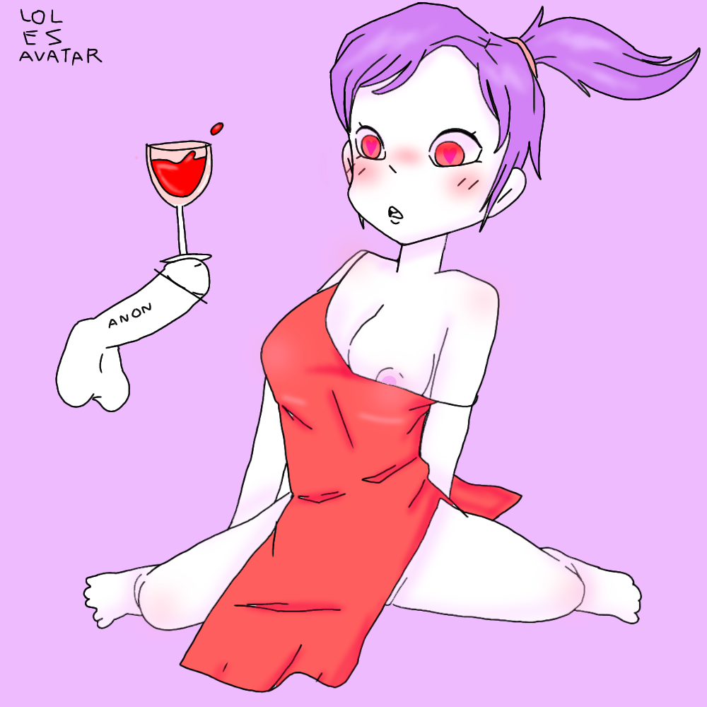 1boy 1girls anon areolae balls blush bottomless cute dick disembodied_penis dress drink feet female female_focus glass heart-shaped_pupils jojofan_alsoch legs_held_open looking_at_penis male medium_breasts nipple_slip no_bra no_panties open_mouth penis ponytail purple_hair red_dress red_eyes roblox roblox_avatar self_upload short_ponytail simple_background surprised text thighs white_skin wine