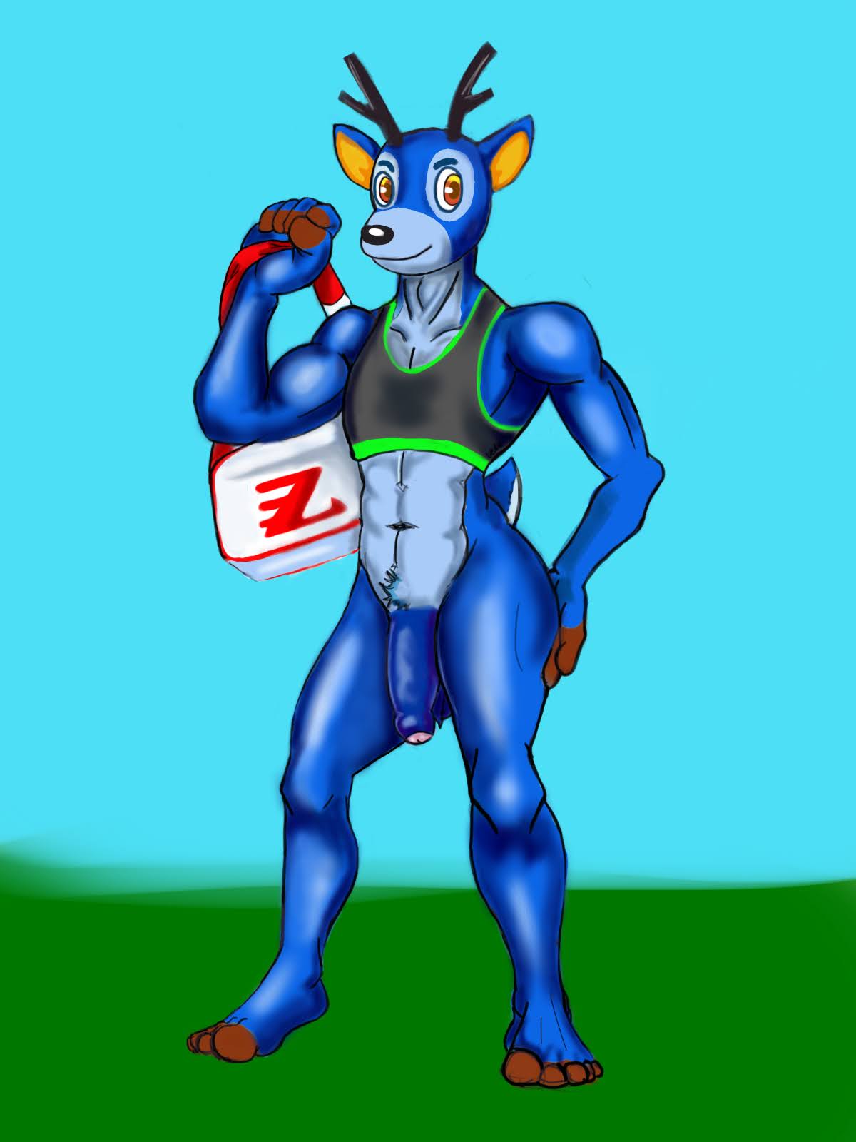 1boy 3:4 animal_crossing anthro bam_(animal_crossing) blue_body bottomless bovid caprine cervid clothed clothing genitals goat hi_res male male_only mammal muscular muscular_anthro muscular_male nintendo partially_retracted_foreskin penis solo sportswear thegrave999 topwear uncut video_games