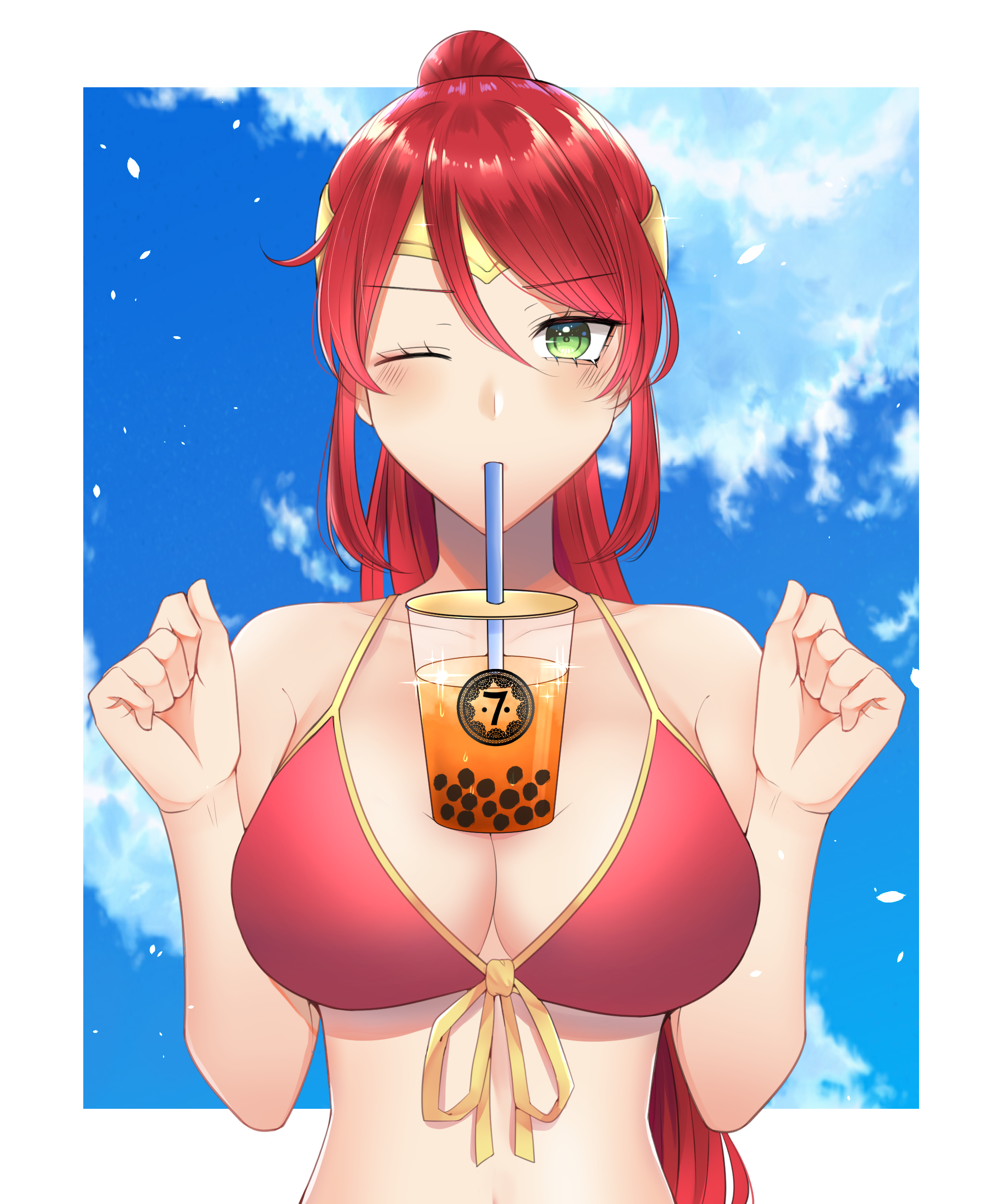 bikini, bubble tea challenge, circlet, female, green eyes, high ponytail, long hair, ponytail, pyrrha nikos, red hair, rwby, sevsweet
