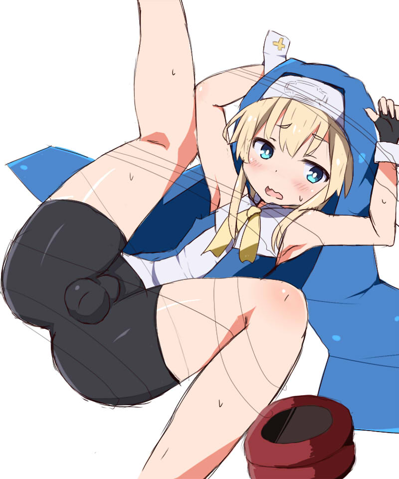 1boy, bike shorts, blonde hair, blue eyes, blush, bridget, bulge, crossdressing, femboy, guilty gear, long hair, male, male focus, shorts, solo, sweat, yano, yo-yo