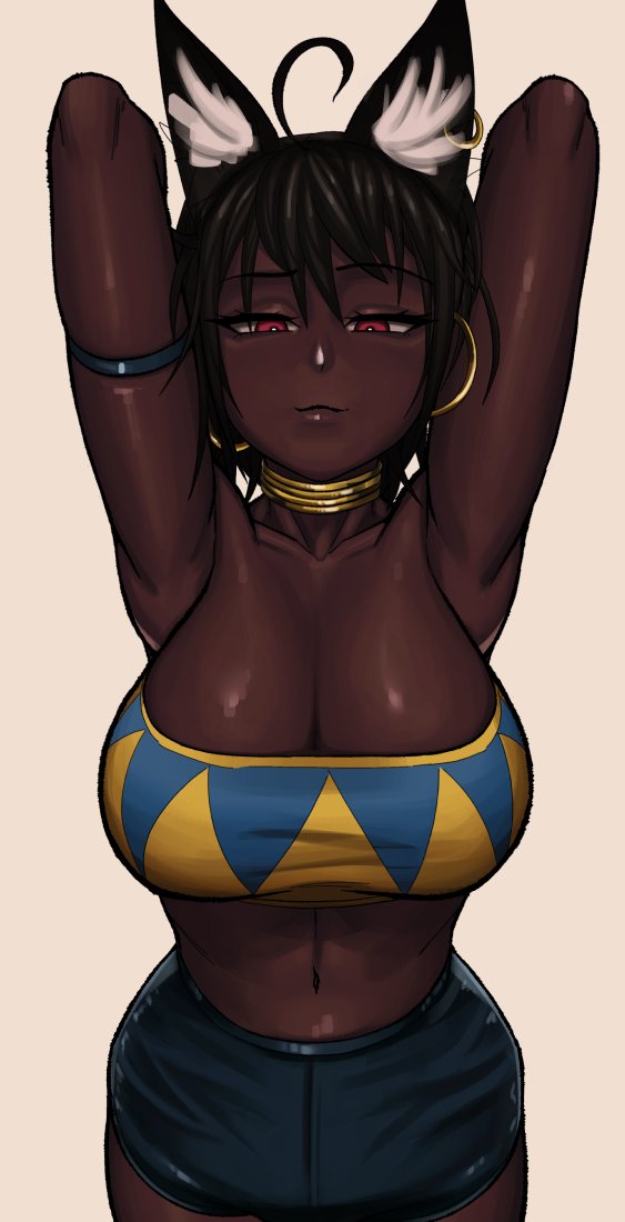 1girls ahoge_catgirl_(kevbot) big_breasts breasts catgirl cleavage dark-skinned_female dark_skin female female_only hoop_earrings kevbot large_breasts original solo