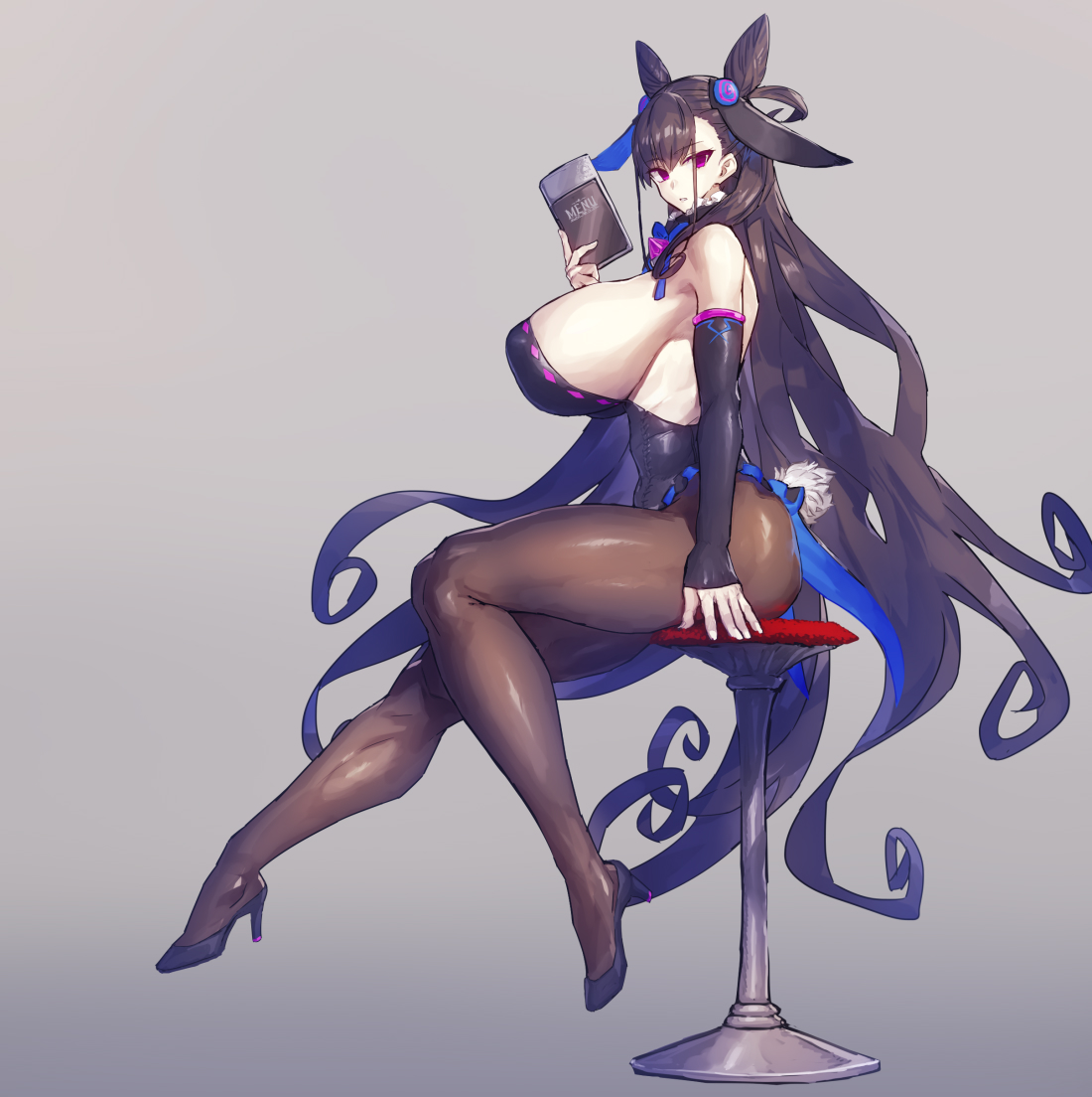 big breasts, breasts, bunny ears, bunny girl, bunnysuit, dark hair, fate (series), fate/grand order, female, hair ornament, huge breasts, light skin, light-skinned female, looking at viewer, melon22, murasaki shikibu (fate), pale skin, pale-skinned female, pantyhose, purple eyes, sideboob, sitting, thick thighs