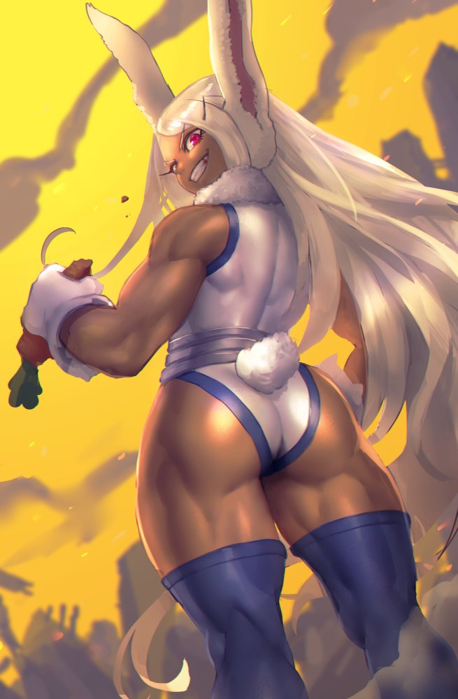 1girls, ass, bunny ears, bunny girl, bunny tail, carrot, dark skin, dark-skinned female, female, female only, kisuu, long hair, looking back, miruko, muscular, muscular female, my hero academia, red eyes, rumi usagiyama, solo, thick thighs, thighhighs, toned, very long hair
