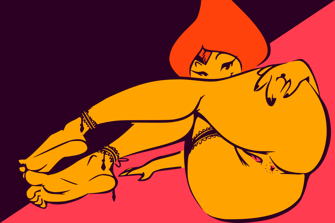 1girls, adventure time, anklet, anus, ass, cartoon network, feet, female, female only, flame princess, forehead jewel, garter, highres, looking at viewer, nude, orange hair, orange skin, presenting, presenting hindquarters, pussy, thick thighs, thighs, vagina, xu53r