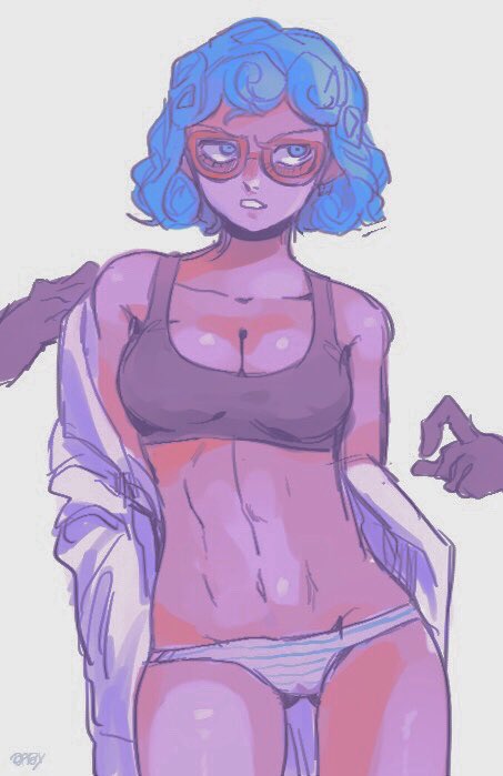 1girls annoyed blue_eyes blue_hair breasts cameltoe cleavage clothing crop_top curvy eyelashes female female_only fully_clothed ghiaccio glasses hakko_baby human jojo's_bizarre_adventure looking_away looking_up medium_breasts navel panties red-framed_glasses rule_63 sexually_suggestive short_hair shounen_jump signature solo standing striped_panties thick_thighs underwear undressing vento_aureo wide_hips